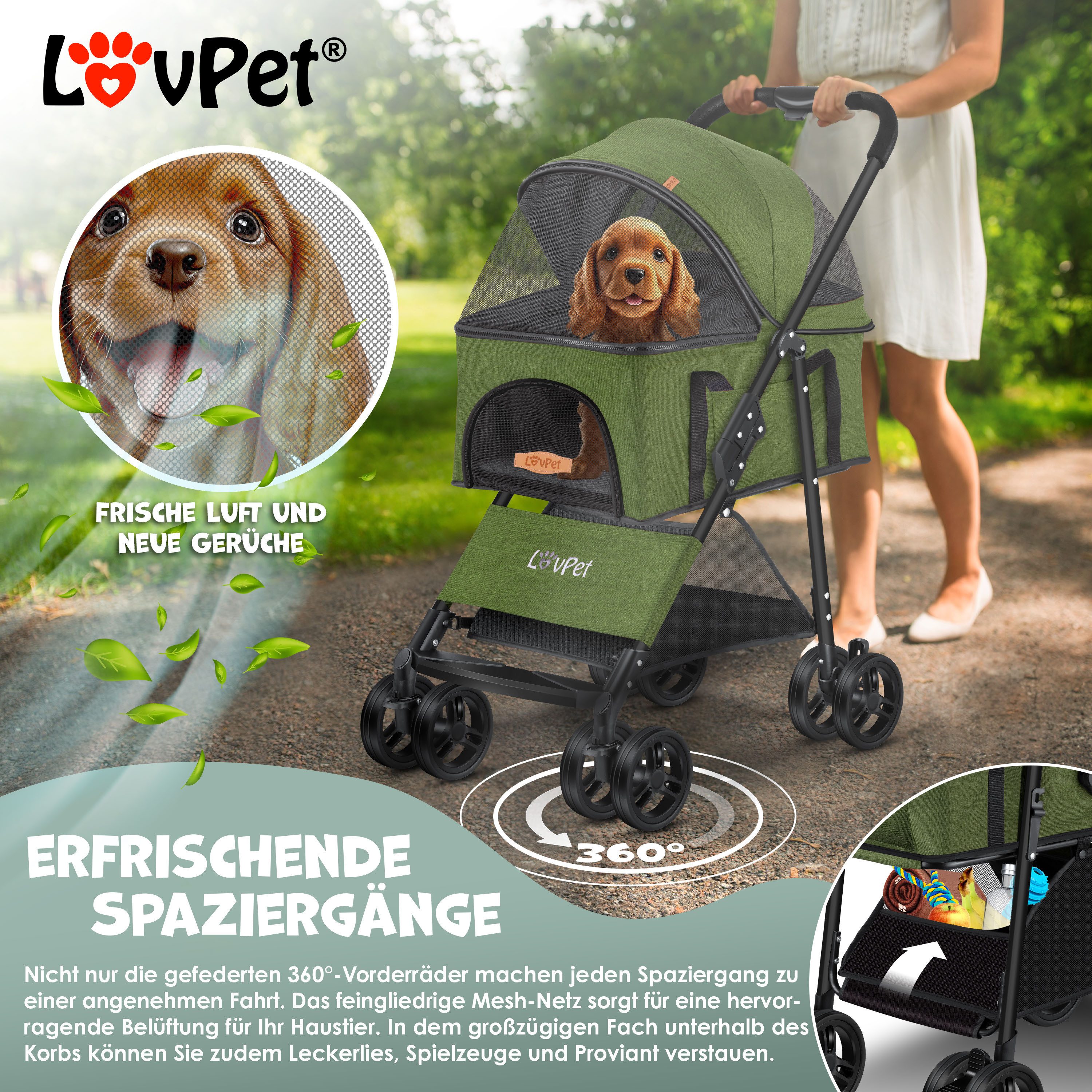 Lovpet Hundebuggy 2in1 Hundewagen max. bis 20kg Buggy für Haustiere, (Hundebox & Tasche mit Regenschutzabdeckung Getränkehalter Kuscheldecke), Haustier- & Katzenbuggy faltbar & klappbar mit Netzfenster