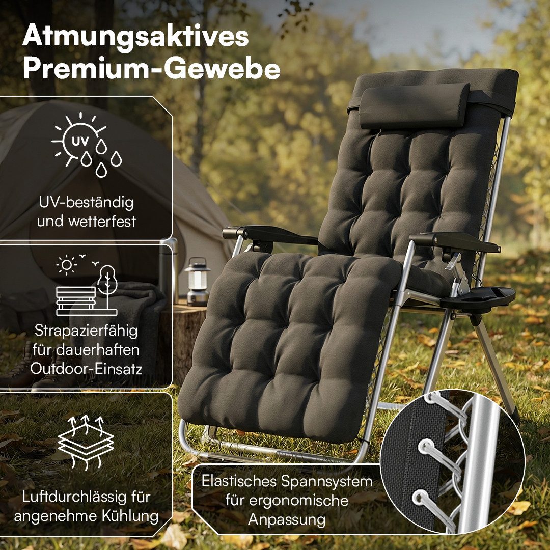 STEELSØN Gartenliege Lysira klappbarer Zero-Gravity-Stuhl, schwarz/silber, outdoor Liegestuhl, mit atmungsaktiven Polsterauflagen, Sonnenliege mit Getränkehalter