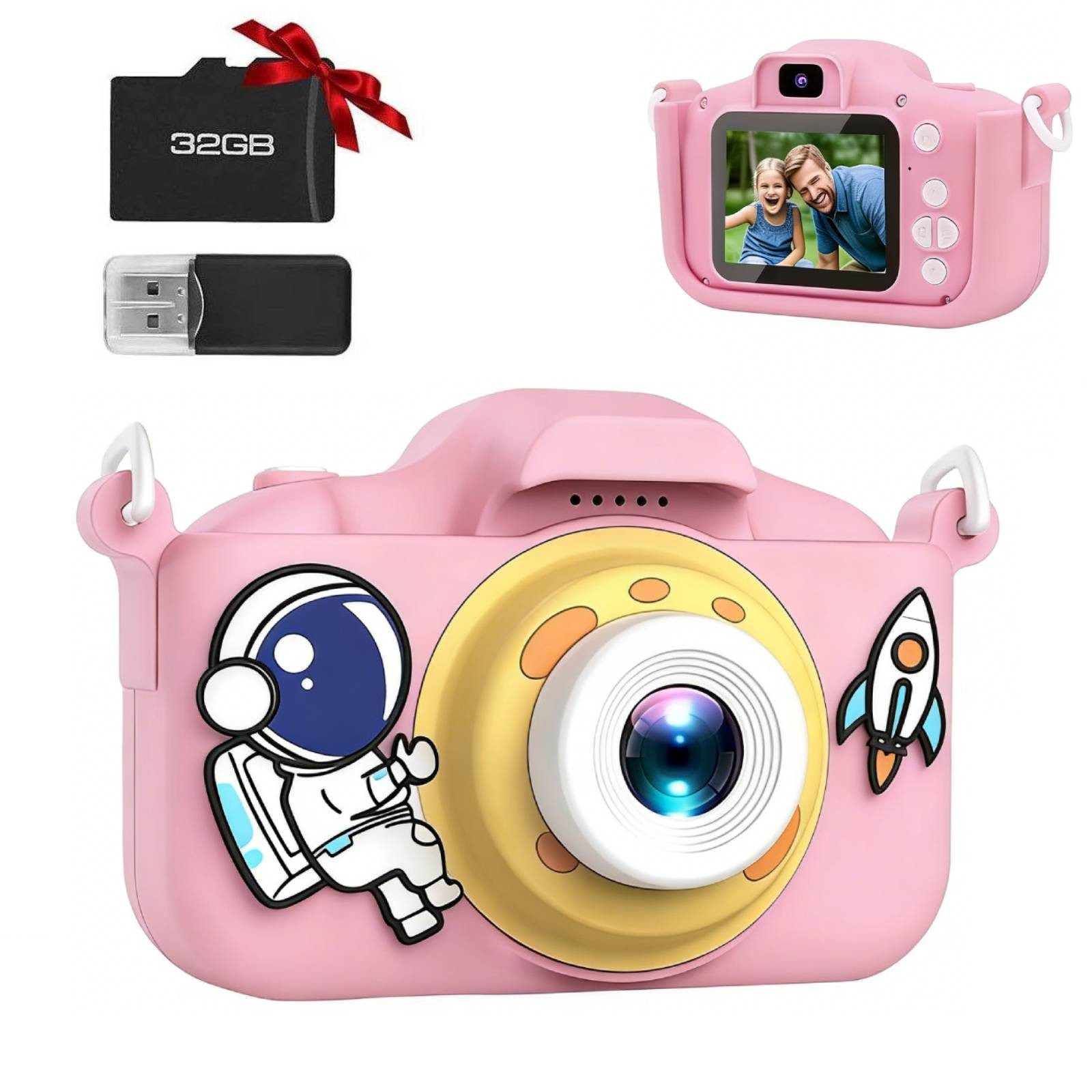 BlingBin 2.0” Display Digitalkamera, 1080P HD Fotoapparat mit 32GB SD Karte Kinderkamera (inkl. 1 Stück, Videokamera mit Puzzlespiele und Musikmodus für 3-12Jahre Kinder, Rosa)