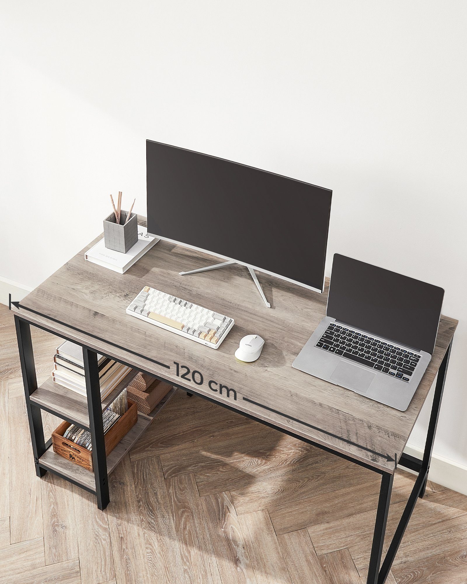 VASAGLE Schreibtisch Computertisch, Ablagen Bürotisch cm Schwarz Greige Greige | 2 120x60x75 | mit