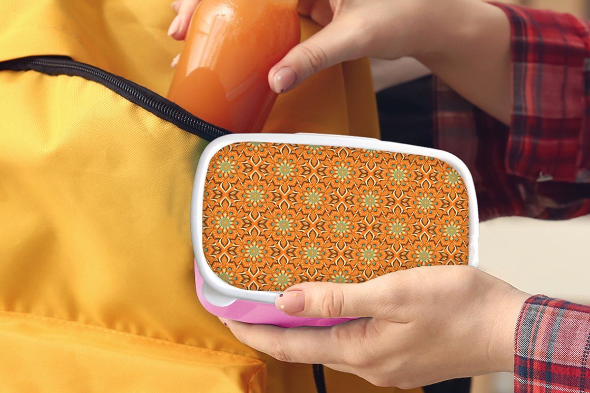 MuchoWow Lunchbox Orange - Mandala - Mädchen, - Snackbox, rosa Brotbox Kinder, für Erwachsene, Vintage, Bohème Design Kunststoff (2-tlg), Kunststoff, - Brotdose