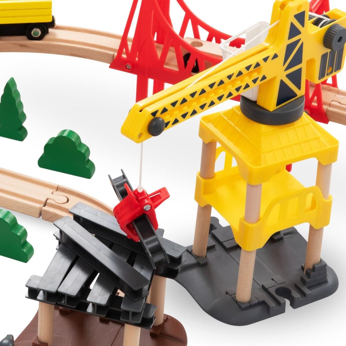 Mamabrum Spielzeug-Eisenbahn Holzeisenbahn-Set mit Flughafen, Kran und elektrischer Lokomotive