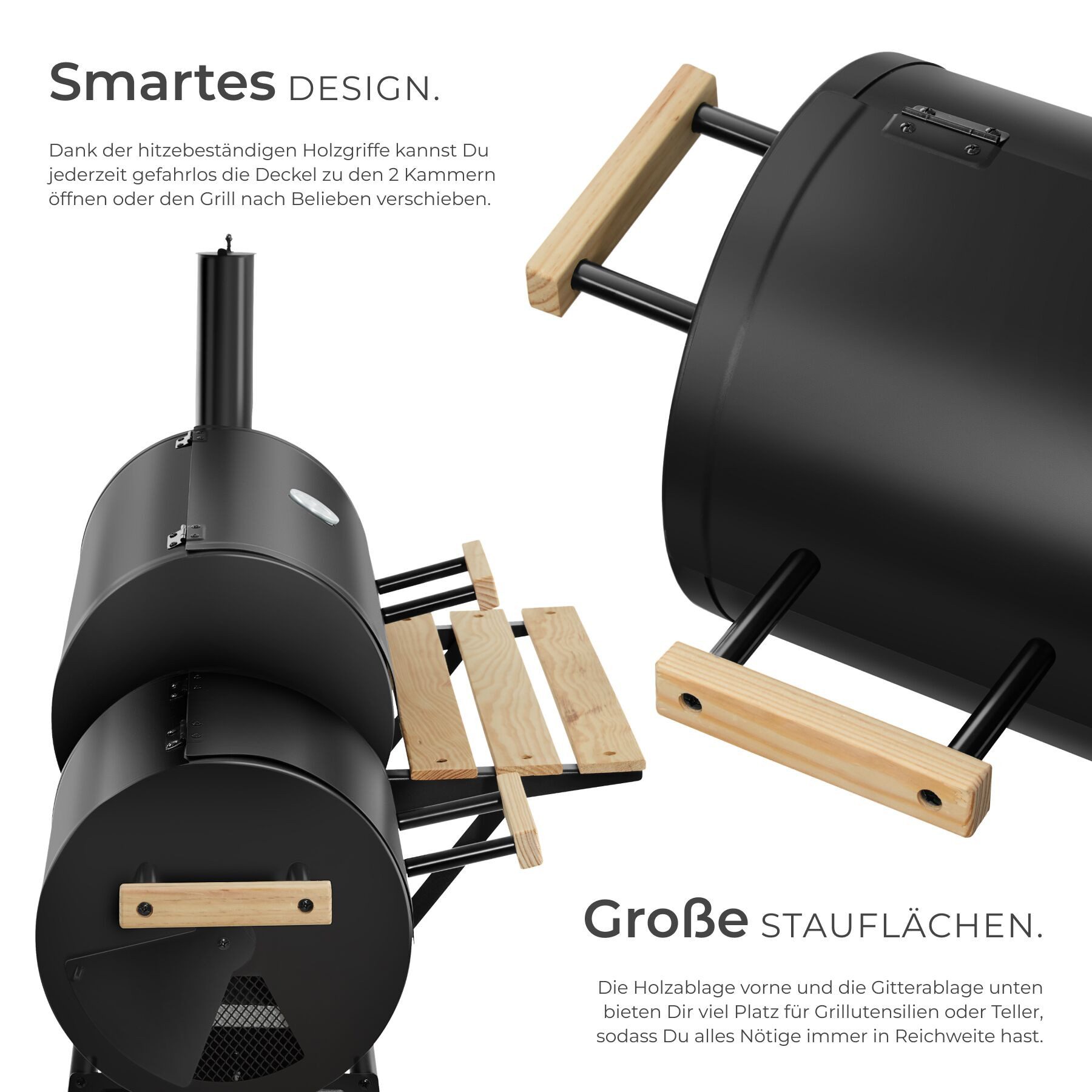 tectake Holzkohlegrill Smoker Grill 2in1 mit Thermometer, 2 Kammern, 2 Ablagen, 2 Räder, Smoker Grill, in Schwarz, regulierbare Luftzufuhr für präzise Temperaturkontrolle