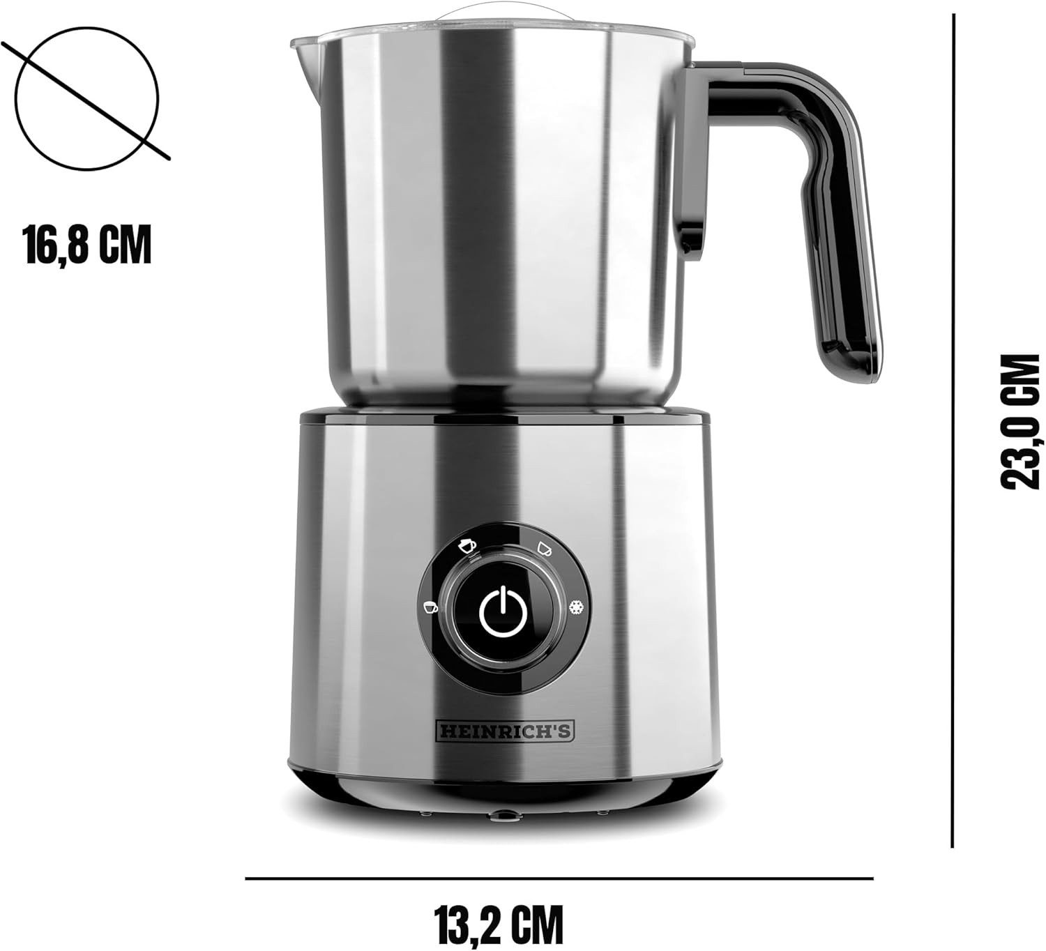 Heinrich´s Milchaufschäumer 250ml Kapazität, Elektrisch 4in1, 600 W, 360° drehbare Basis, Kalter/Warmer Milchschaum, 600W