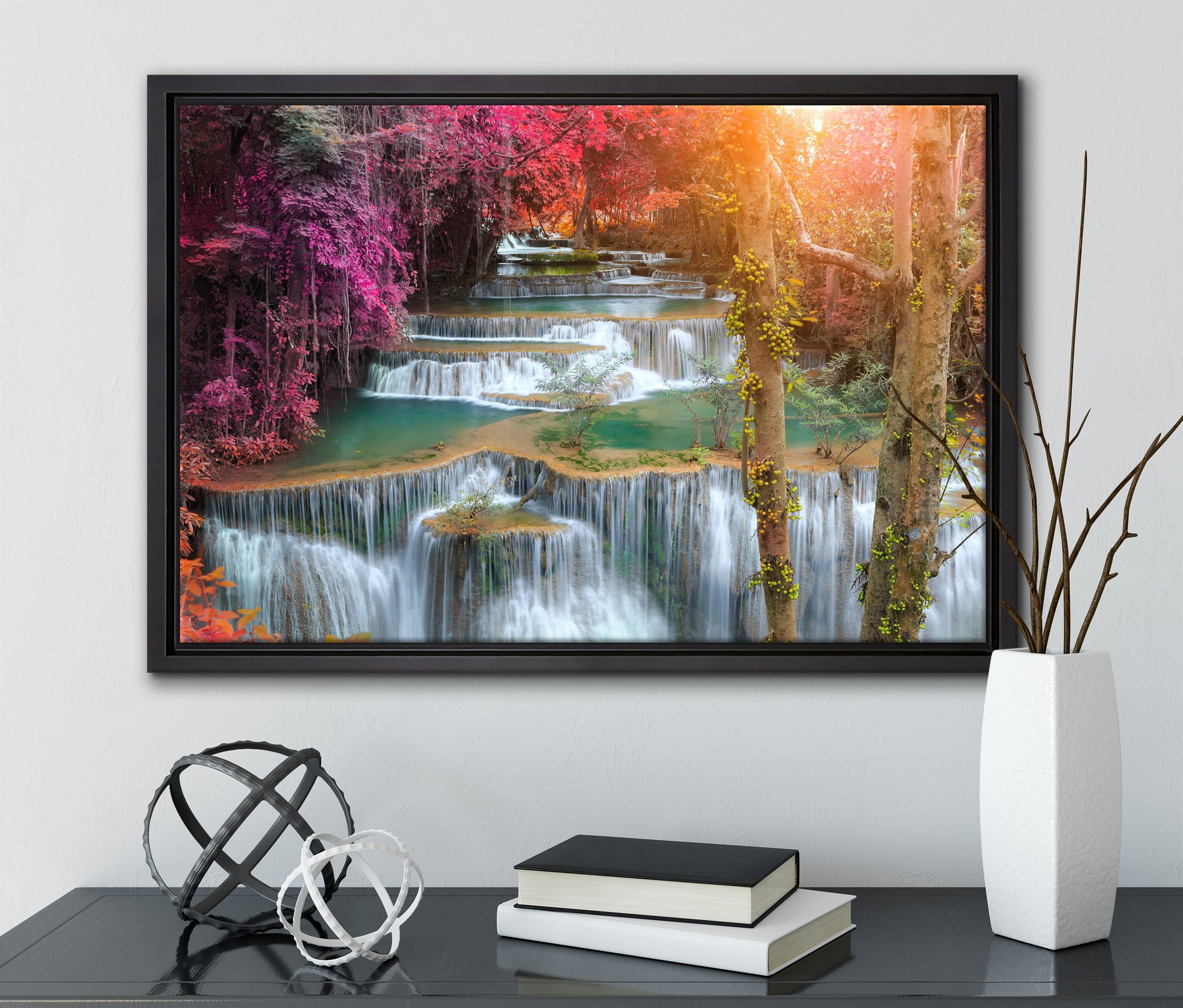 Pixxprint Leinwandbild Wasserfall im Regenwald, (1 Wanddekoration einem St), bespannt, gefasst, inkl. Leinwandbild Zackenaufhänger Schattenfugen-Bilderrahmen fertig in