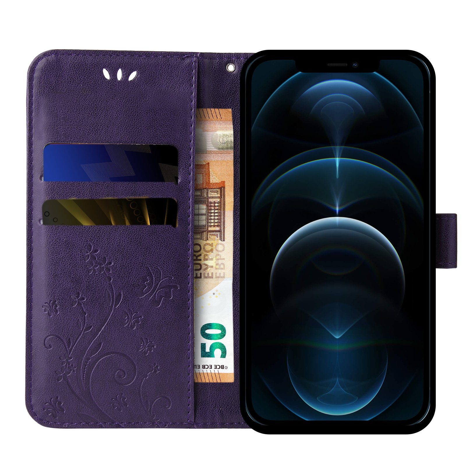 Tec-Expert Handyhülle Cover Tasche Hülle für Apple iPhone 12 Pro Max 6,7 Zoll, Klapphülle Case mit Kartenfach Fliphülle aufstellbar, Motiv Blumen