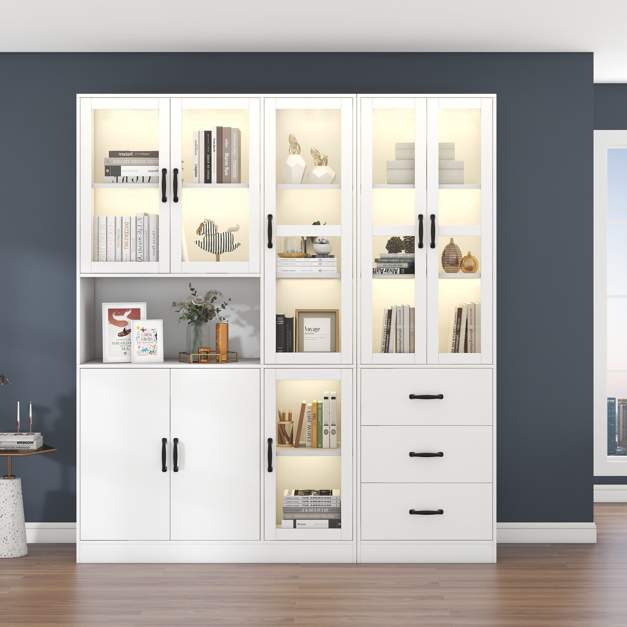 STILVORA Vitrine mit LED&Schubladen,2er-Set Standvitrine Hochschrank mit Gl günstig online kaufen