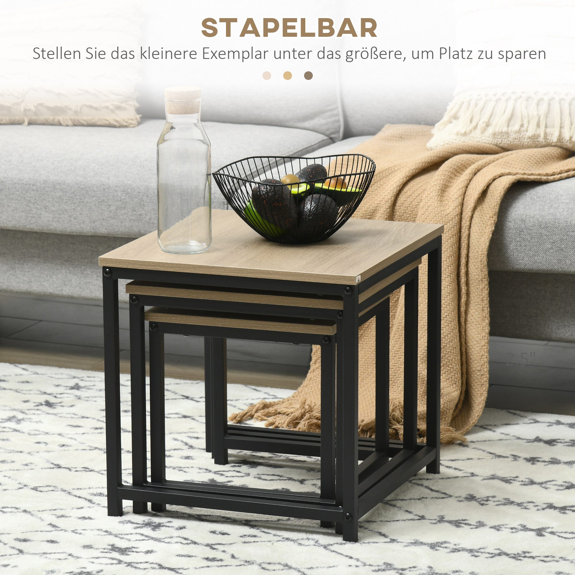 HOMCOM Couchtisch Quadratischer Satztisch im Industriedesign mit Holzoptik (Sofatisch, 3-St., Beistelltisch), Naturholz Spanplatte, Stahl – Bild 4 von 5