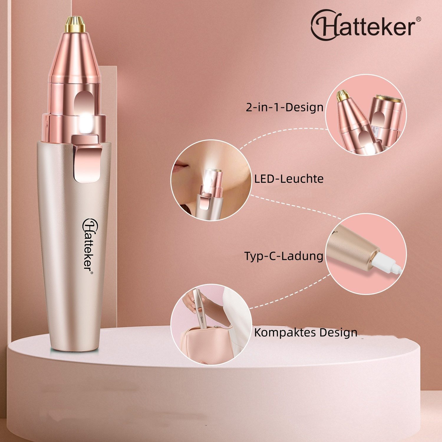 HATTEKER Gesichtsepilierer HT-586, Aufsätze: 1 St., Augenbrauentrimmer, Wet&Dry 2-in-1