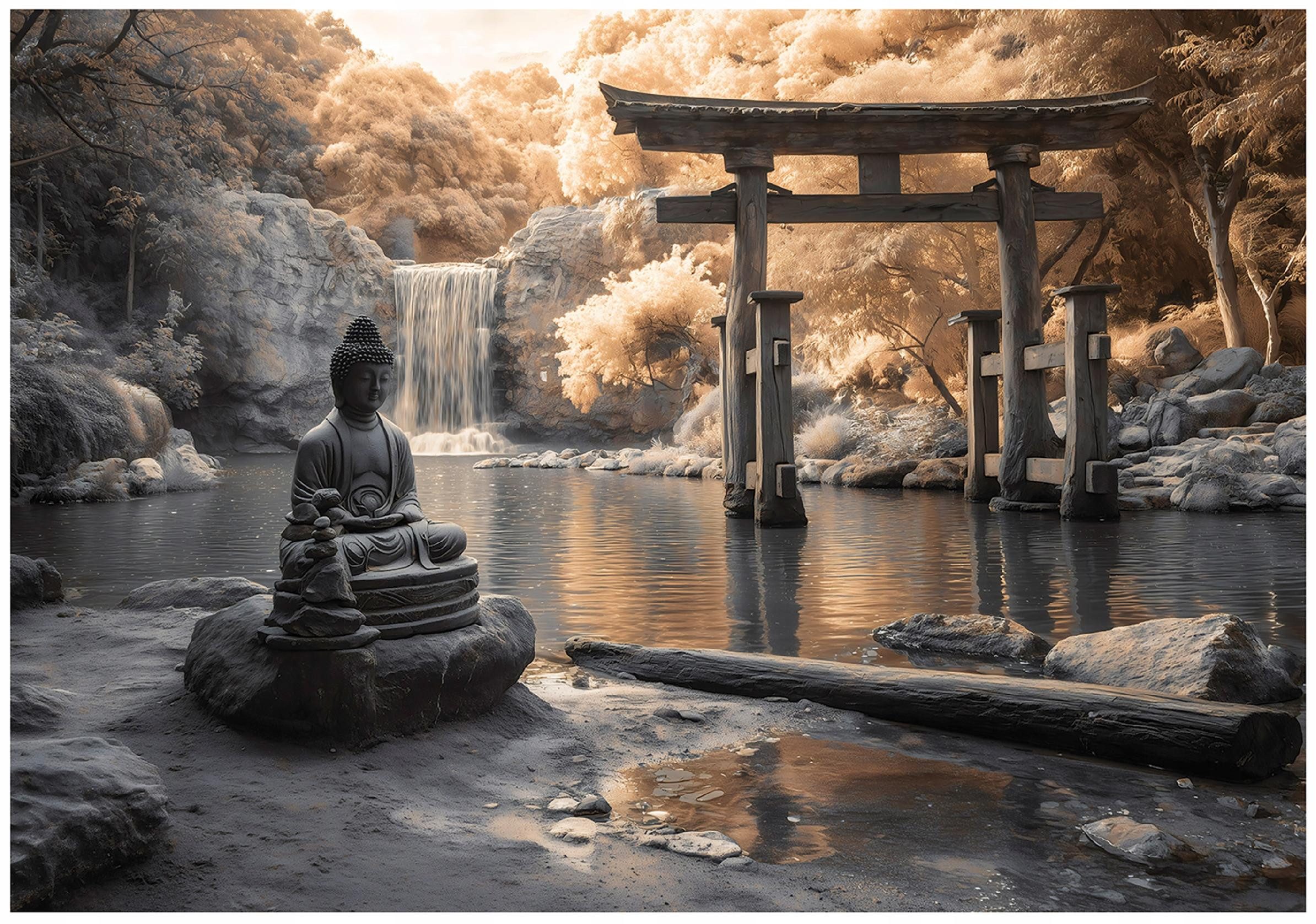 Wallarena Fototapete Buddha Wasserfall - Grau - Vlies - Schlafzimmer, glatt, (8 St), 400x280cm