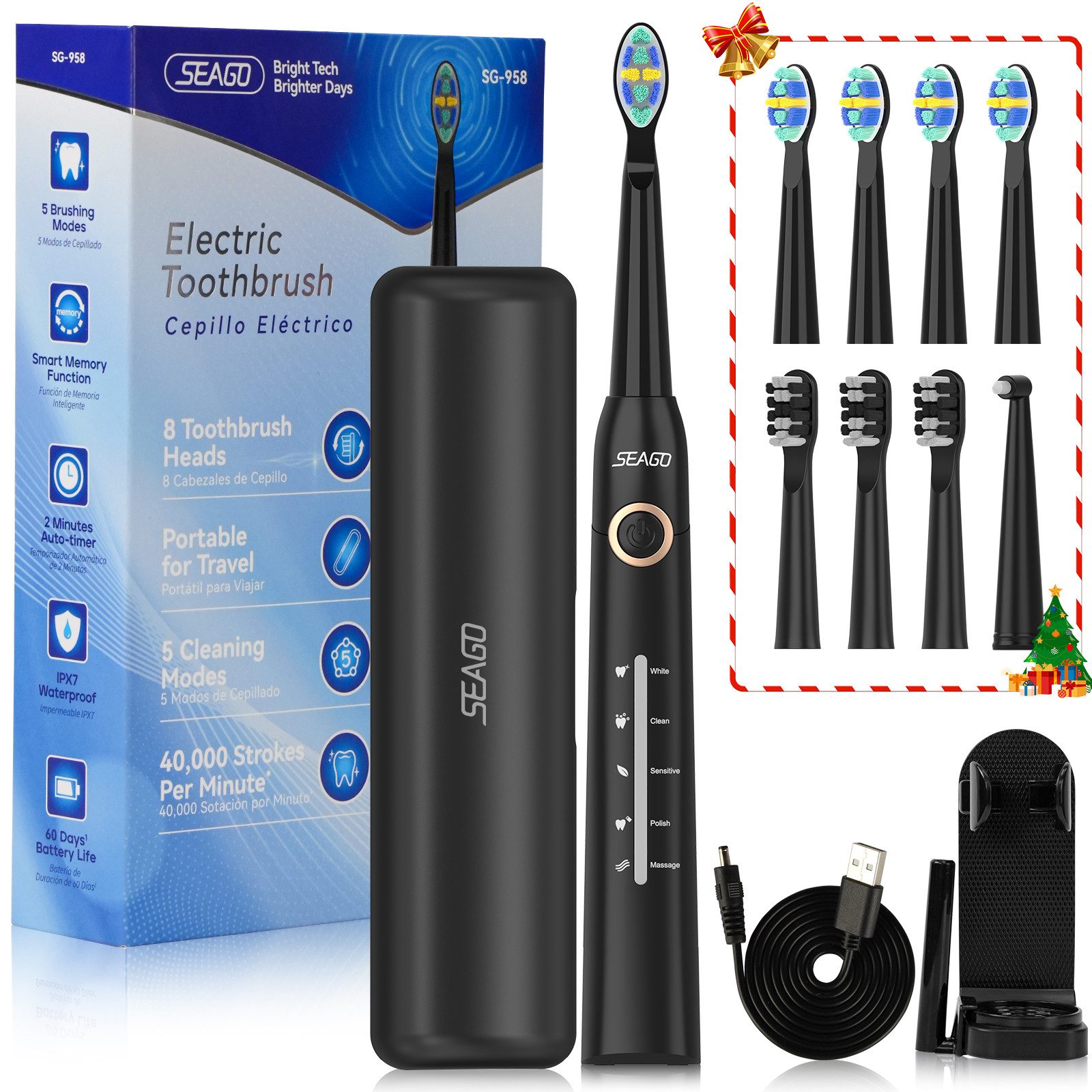 Yuede Elektrische Zahnbürste Schallzahnbürste mit 40000VPM, Weißen Ihre Zähne in zwei Wochen, Aufsteckbürsten: 8 St., 5 Putzmodi, Reise Electric Toothbrush mit Timer, Reiseetui, Wiederaufladbare, Wasserdicht, für Zahnpflege Erwachsene