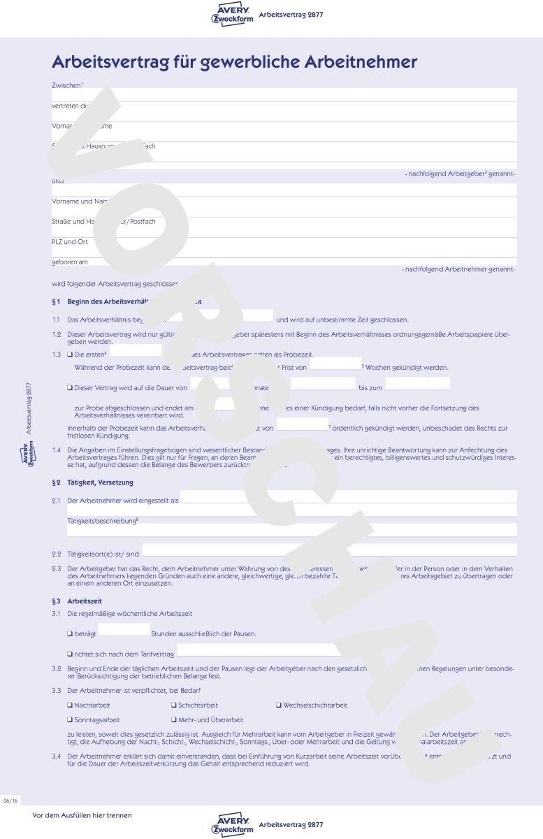Formularblock Arbeitsvertrag A4 für gewerbl. Arbeitnehmer 2-seitig.