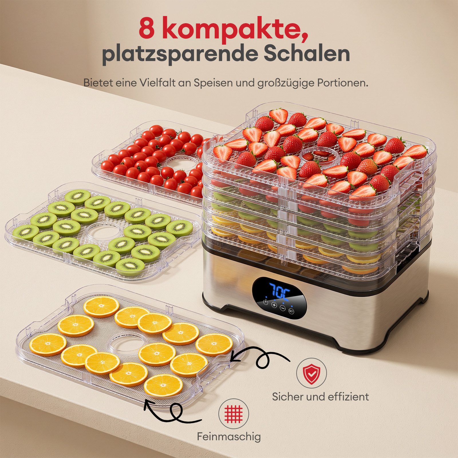 CkeyiN Pro Dörrautomat Edelstahl, Dörrgerät mit 8 Etagen, Dehydrator bis 72h-Timer 45-70°C 400 W, 8 Etagen, BPA-frei,Spülmaschinengeeignete Teile,für Obst,Gemüse,Fleisch