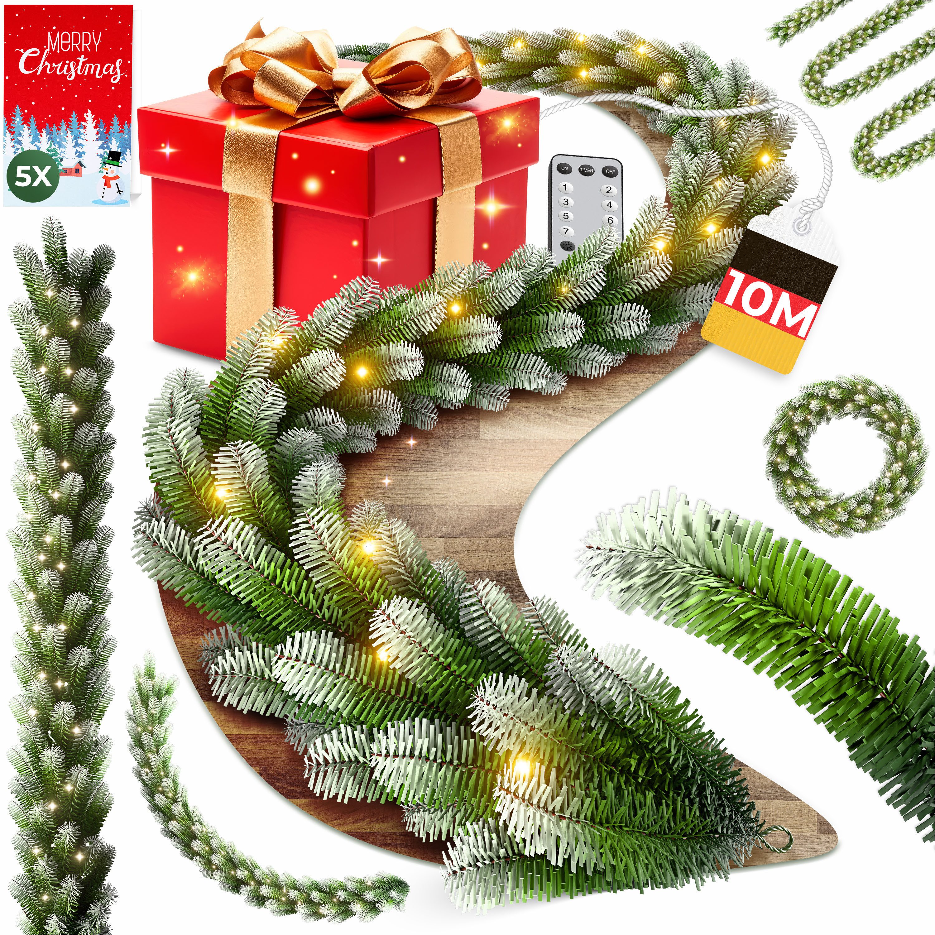 Kunstgirlande Weihnachtsgirlande LED Girlande 10m, beschneit & inkl. Fernbe günstig online kaufen
