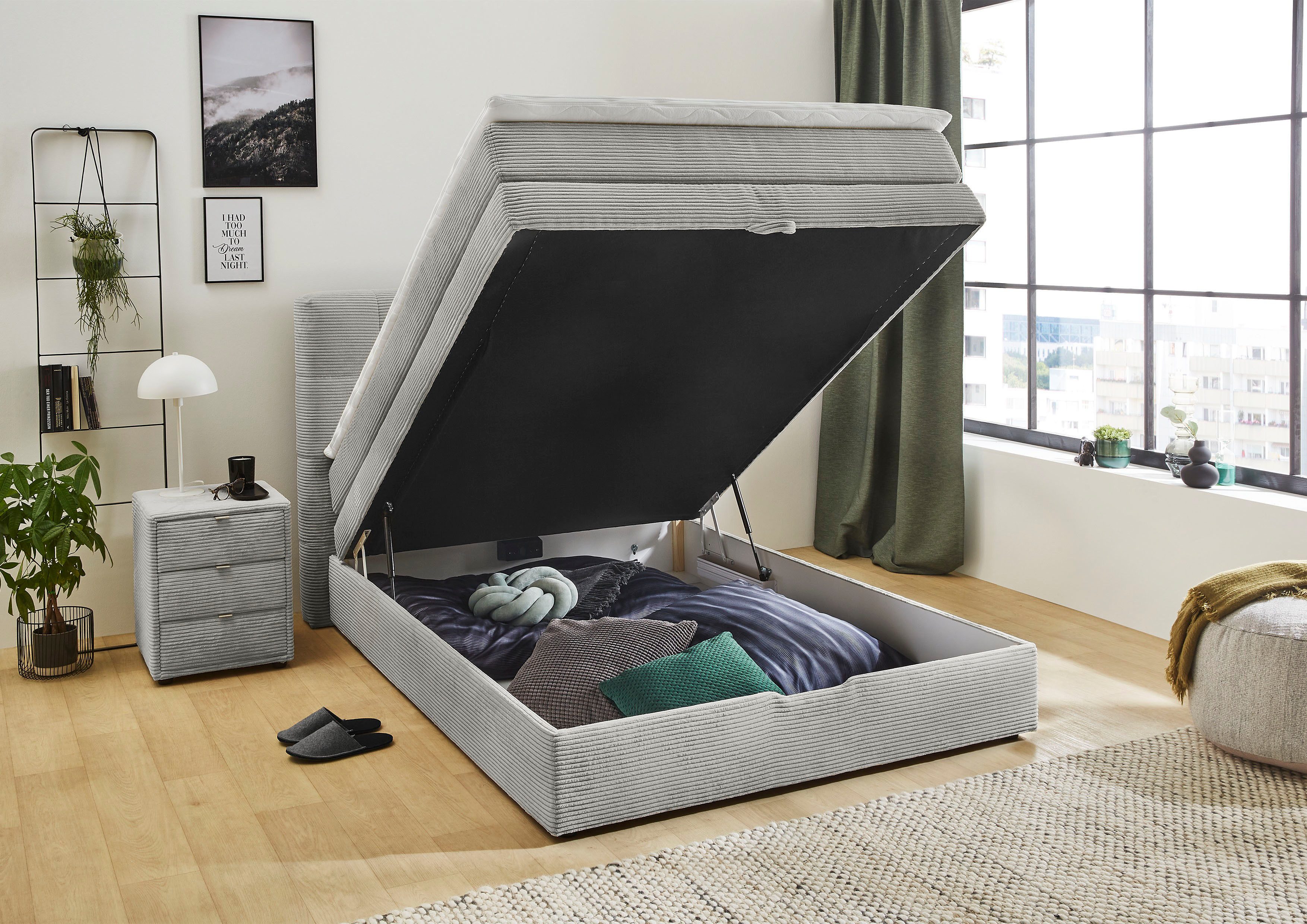 Jockenhöfer Gruppe Boxspringbett AMY in Cord, erhältlich in den Breiten 120cm & 140cm, mit Bettkasten & Topper