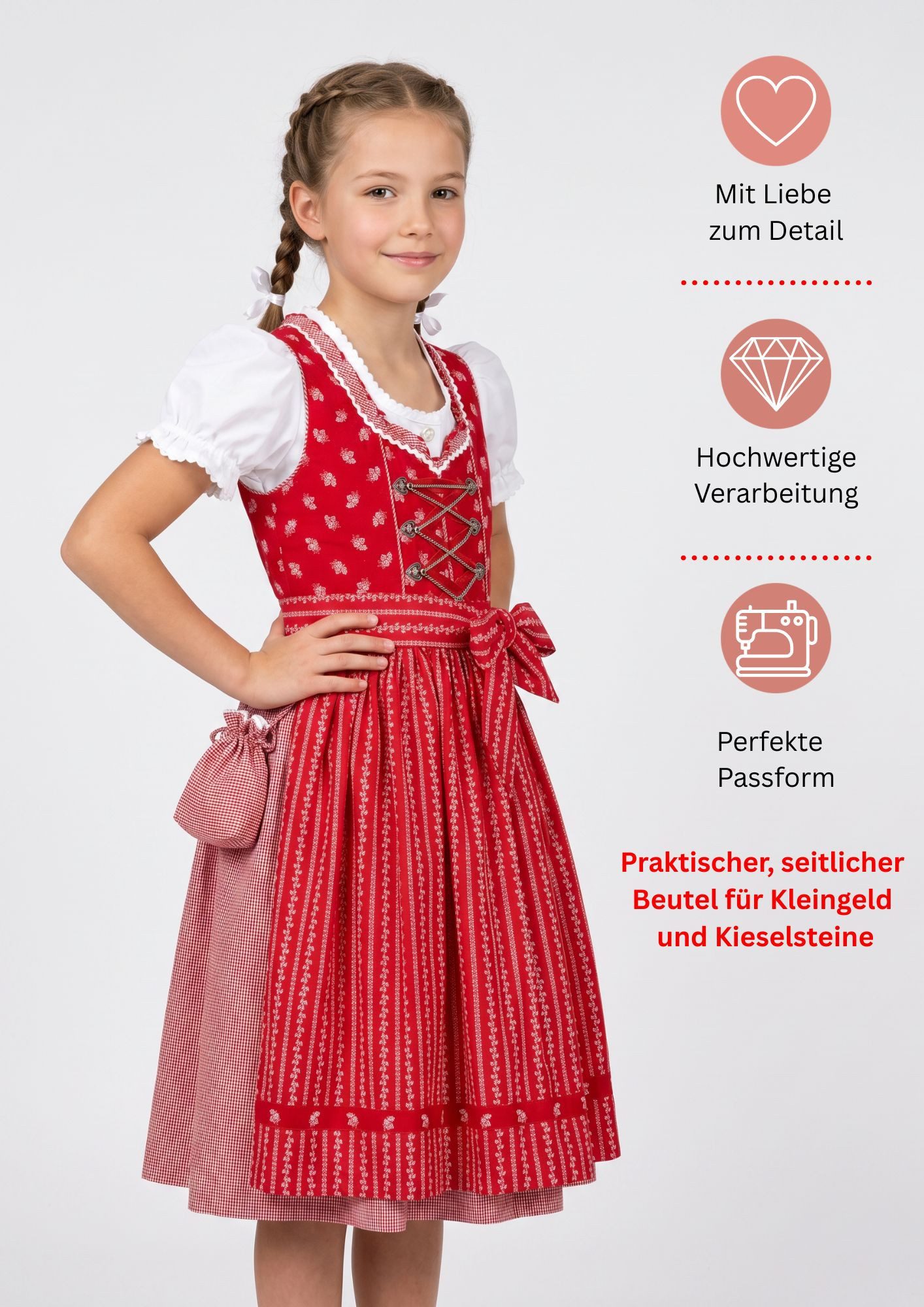 Nübler Dirndl Kinderdirndl 3-teilig Larissa in Rot von Nübler - Rocklänge knielang