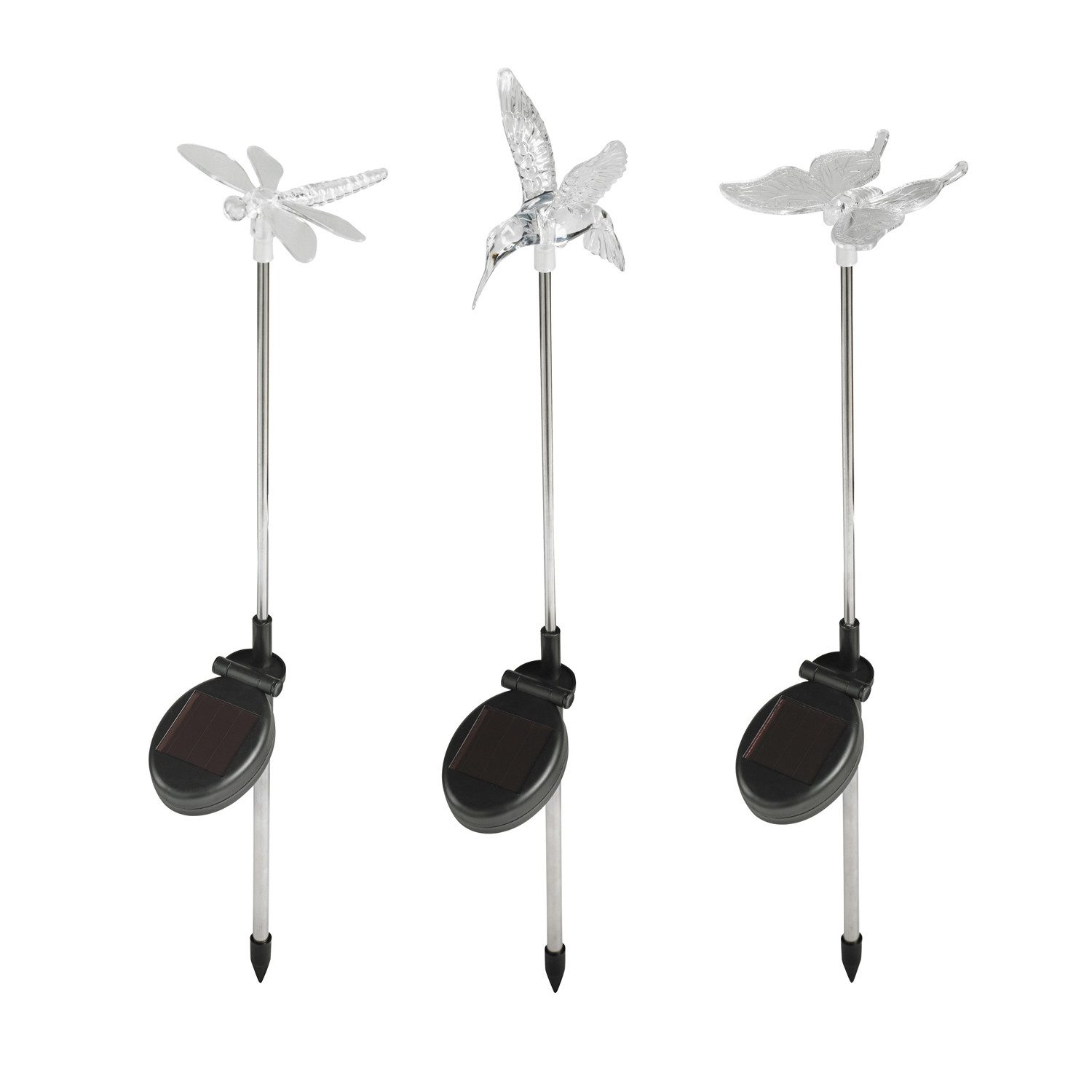 Lights4fun LED Gartenleuchte 3er Set Solar Stableuchten Libelle, Schmetterling und Kolibri