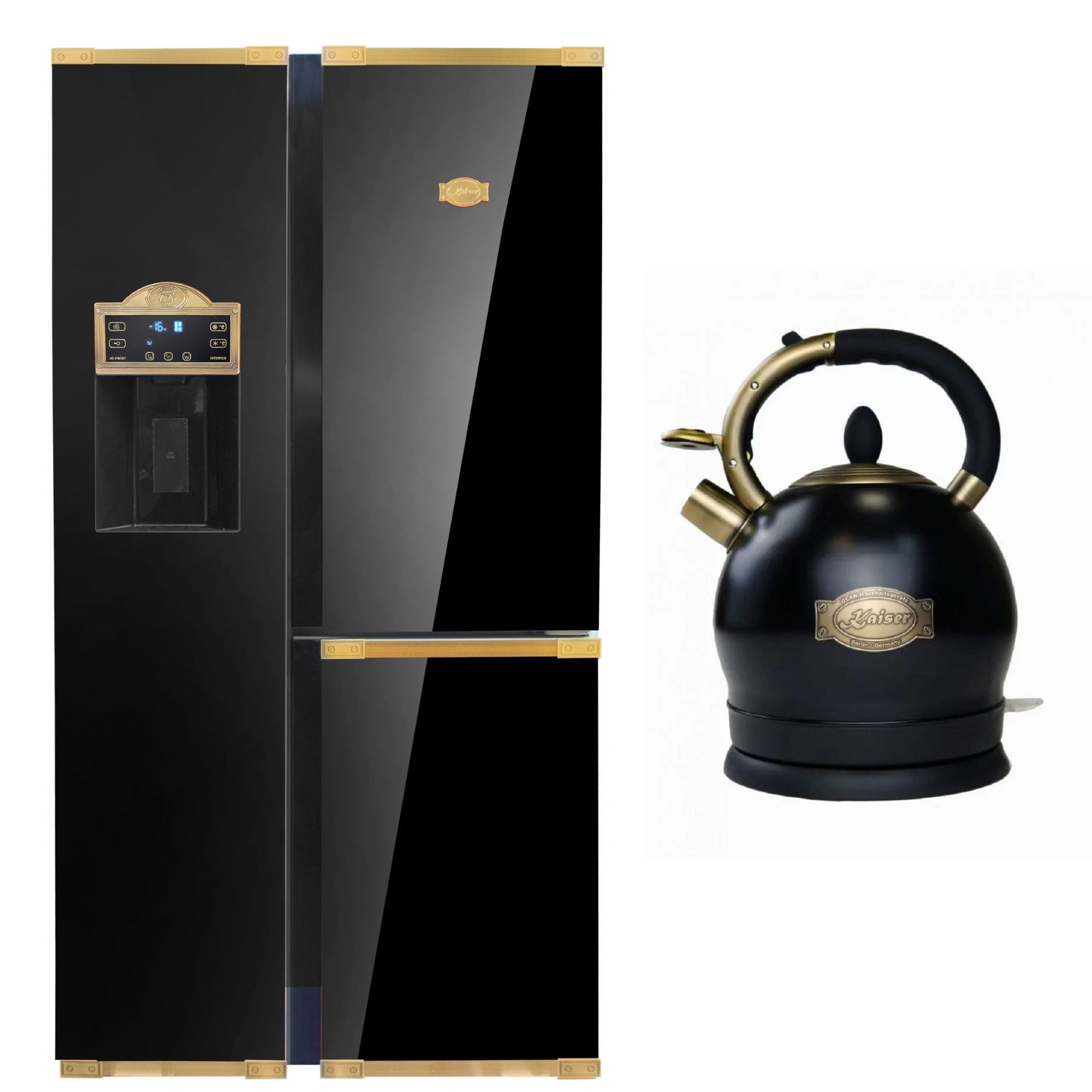 Kaiser Küchengeräte Side-by-Side Art Deco KS 90300 AD Bio Retro Kühlschrank Schwarz, No Frost 538 L 183 cm+WK 2000 Em Exklusiver Retro Wasserkocher Kontroll LED 2L 1800 W, 183 cm hoch, 91,1 cm breit, Kühl-Gefriergerät Side-by-Side Multi 9 Multifunktions+Wasserkocher