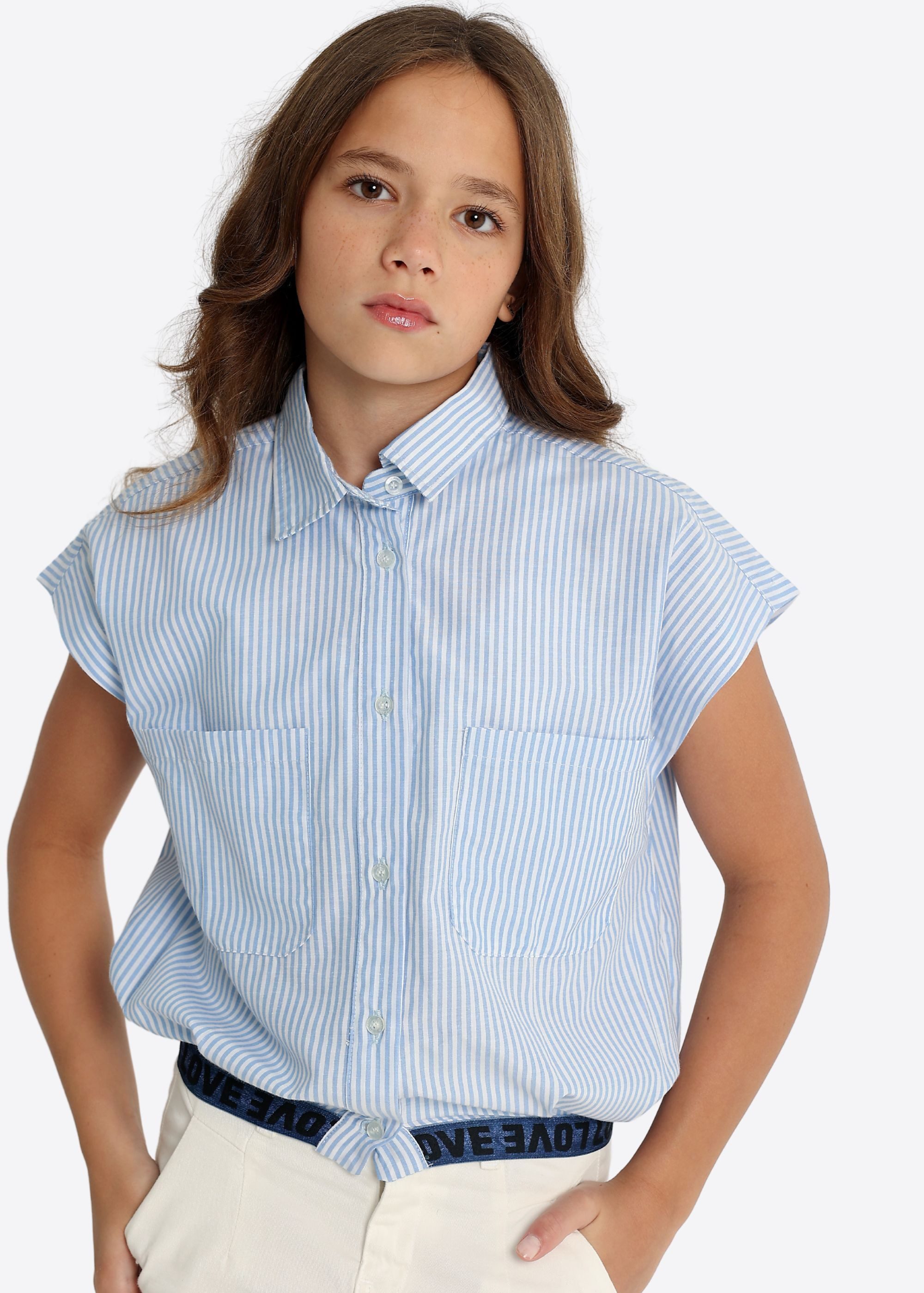 Solang Klassische Bluse mit aufgesetzten Brusttaschen und Schriftzug am Saum