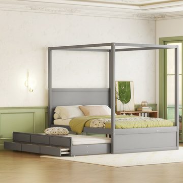SOFTWEARY Himmelbett Doppelbett mit Lattenrost und Gästebett (140x200 cm/90x190 cm), Holzbett aus Kiefer