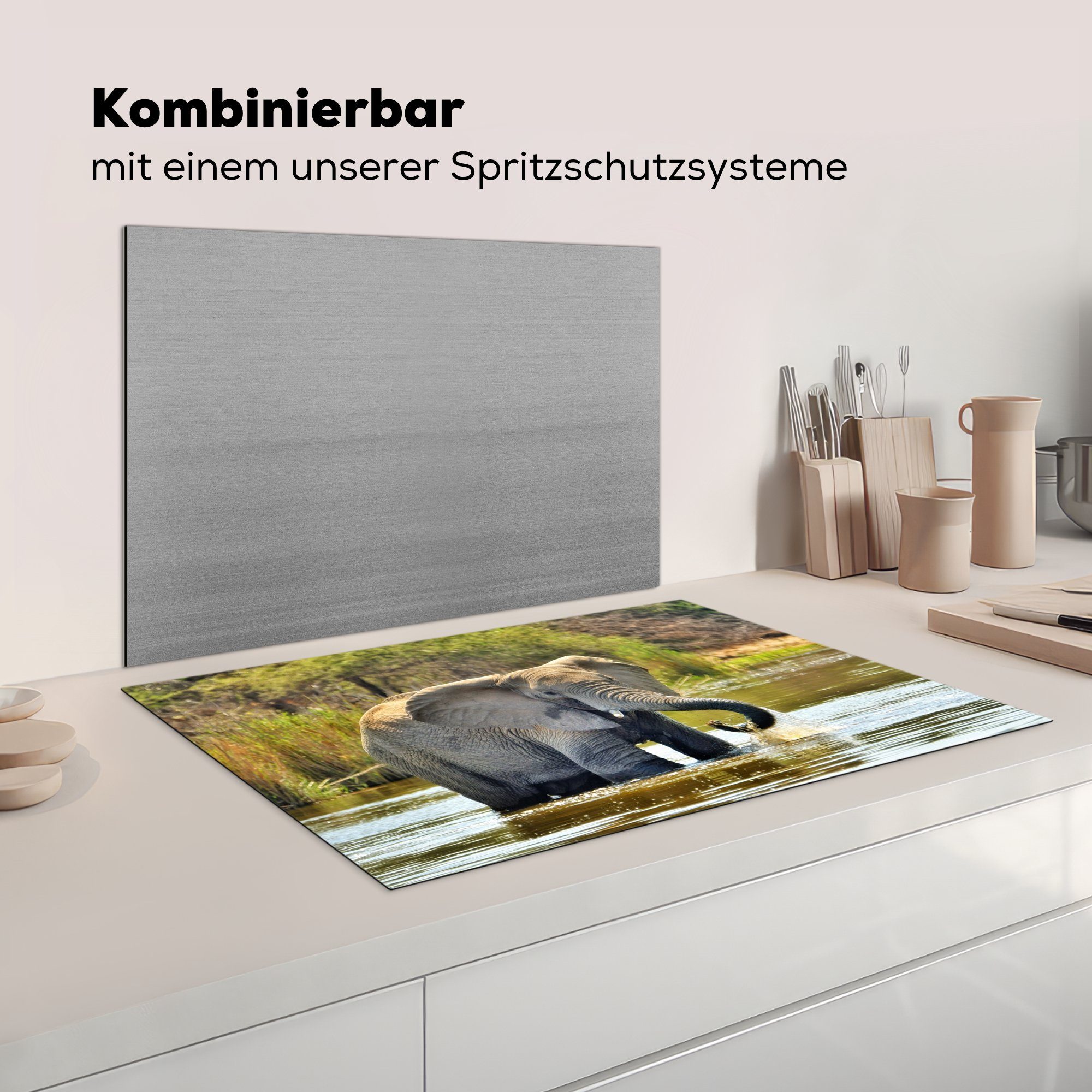 (1 81x52 - die Vinyl, cm, Tiere - Wasser MuchoWow Schutz Ceranfeldabdeckung Herdblende-/Abdeckplatte tlg), - Induktionskochfeld küche, für Natur, Elefant