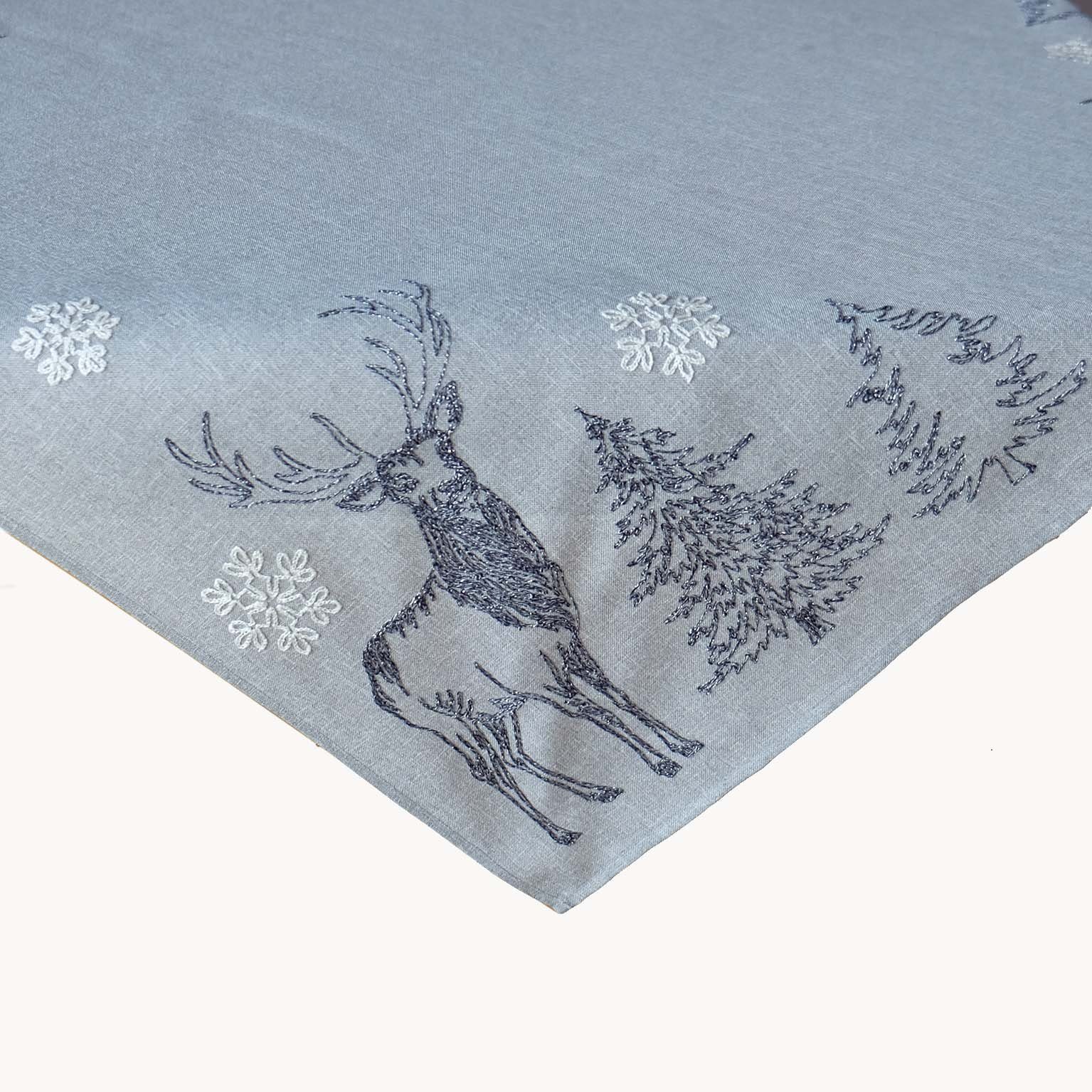 Silber grau weiß Bäume Raebel Elch Stickerei Weihnachten, bestickt Tischläufer Schneesterne