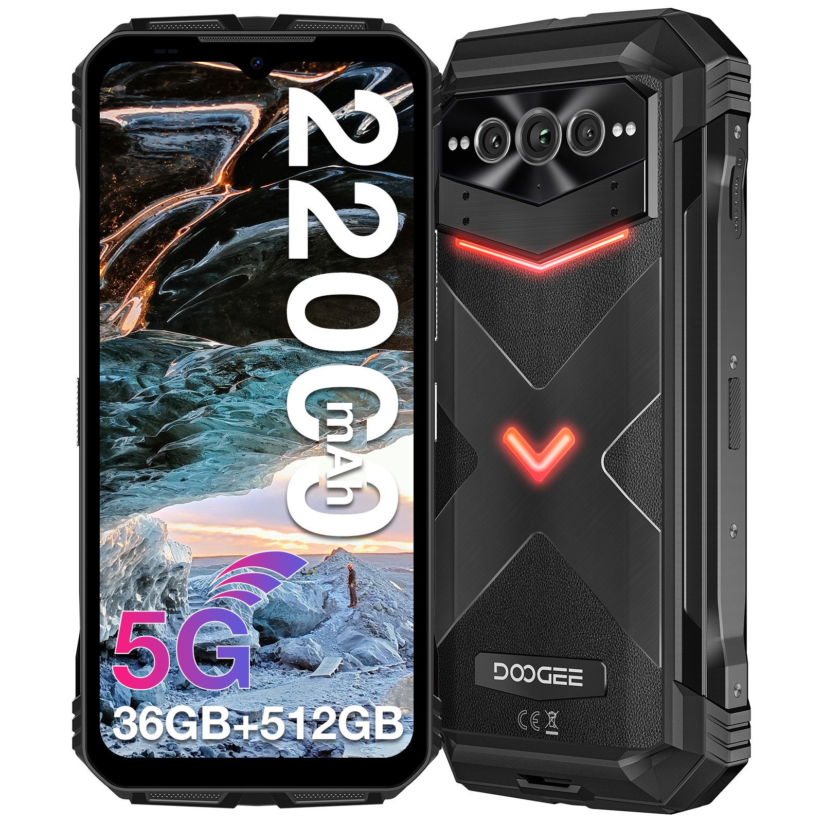 DOOGEE VMAX Plus 5G Outdoor Handy, 22000mAh, 512GB, 200MP Kamera Smartphone (6.58 Zoll, 512 GB Speicherplatz, 200 MP Kamera, 6,58" FHD+ 120Hz, Android 14, Night Vision, NFC, Dual SIM, IP69K)