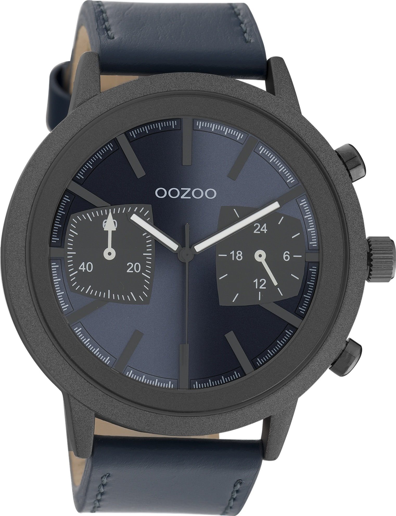 OOZOO Quarzuhr Oozoo Herren Armbanduhr dunkelblau, Herrenuhr rund, extra groß (ca. 50mm) Lederarmband, Sport-Style