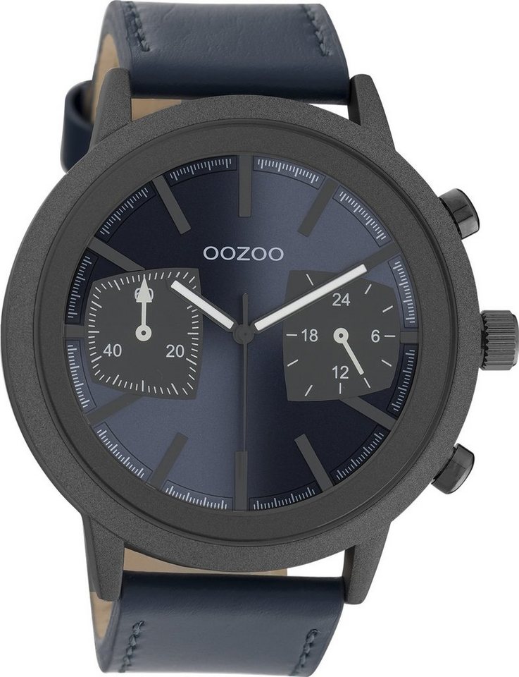 rund, extra Herren 50mm) dunkelblau, Zeiger weiße groß Quarzuhr OOZOO Lederarmband, Armbanduhr (ca. Sport-Style, Oozoo Herrenuhr