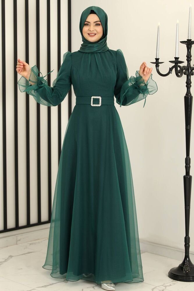 Modavitrini Abendkleid Damen Kleid langärmliges Maxikleid Abiye Abaya Hijab Mode mit Gürtel Grün