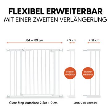 Hauck Türschutzgitter Clear Step Autoclose 2 Set inklusive Verlängerung 9 cm, White, auch als Treppenschutzgitter verwendbar; 84-89 cm; flacher Durchgang