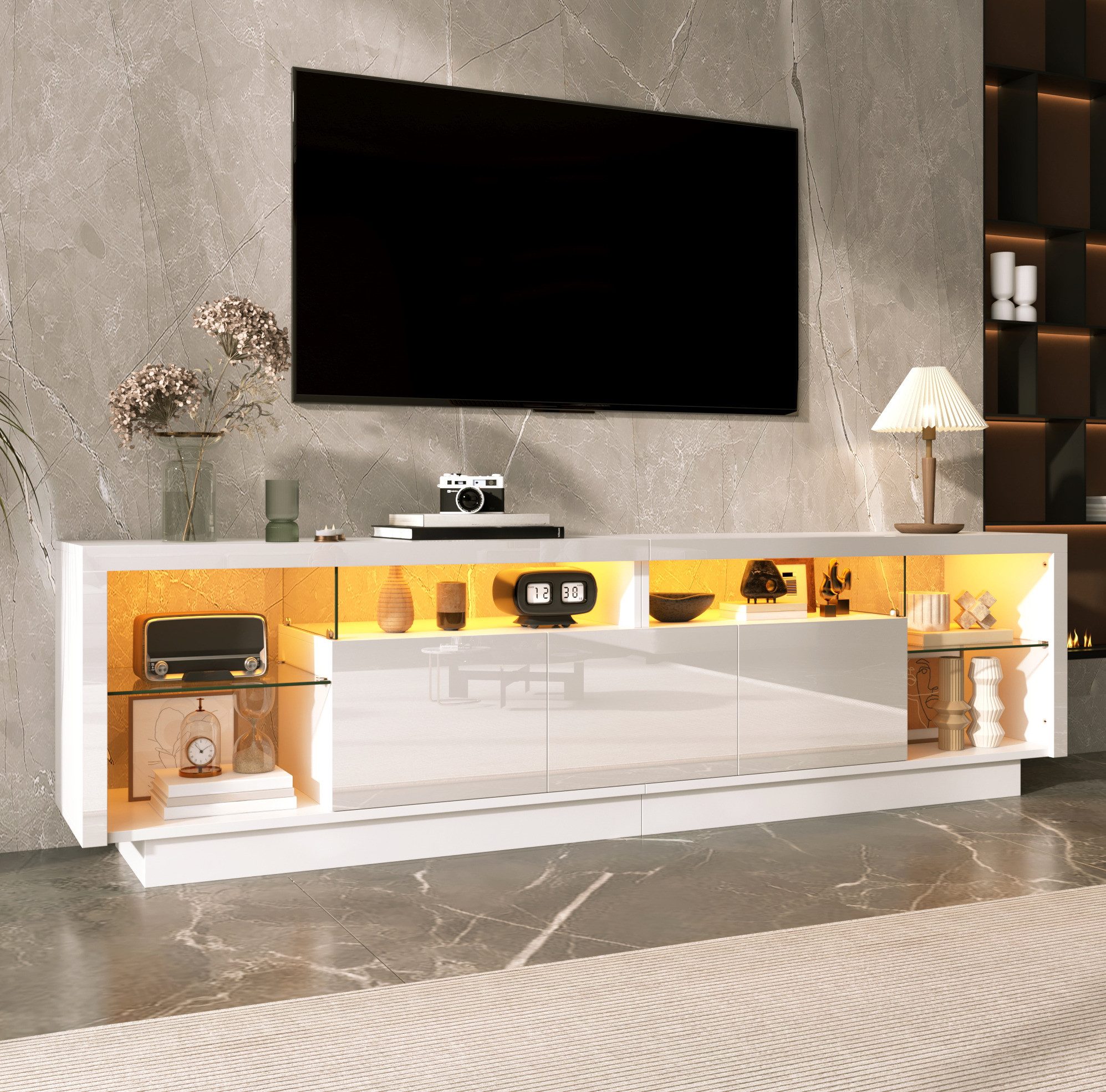 REDOM TV-Schrank Design-Lowboard – Hochglanz, LED & Glasfächer (Packung, 1-St., Weiß/Hochglanz, 200×55×38 cm, für moderne Räume) App-Steuerung, mehrfarbige Beleuchtung