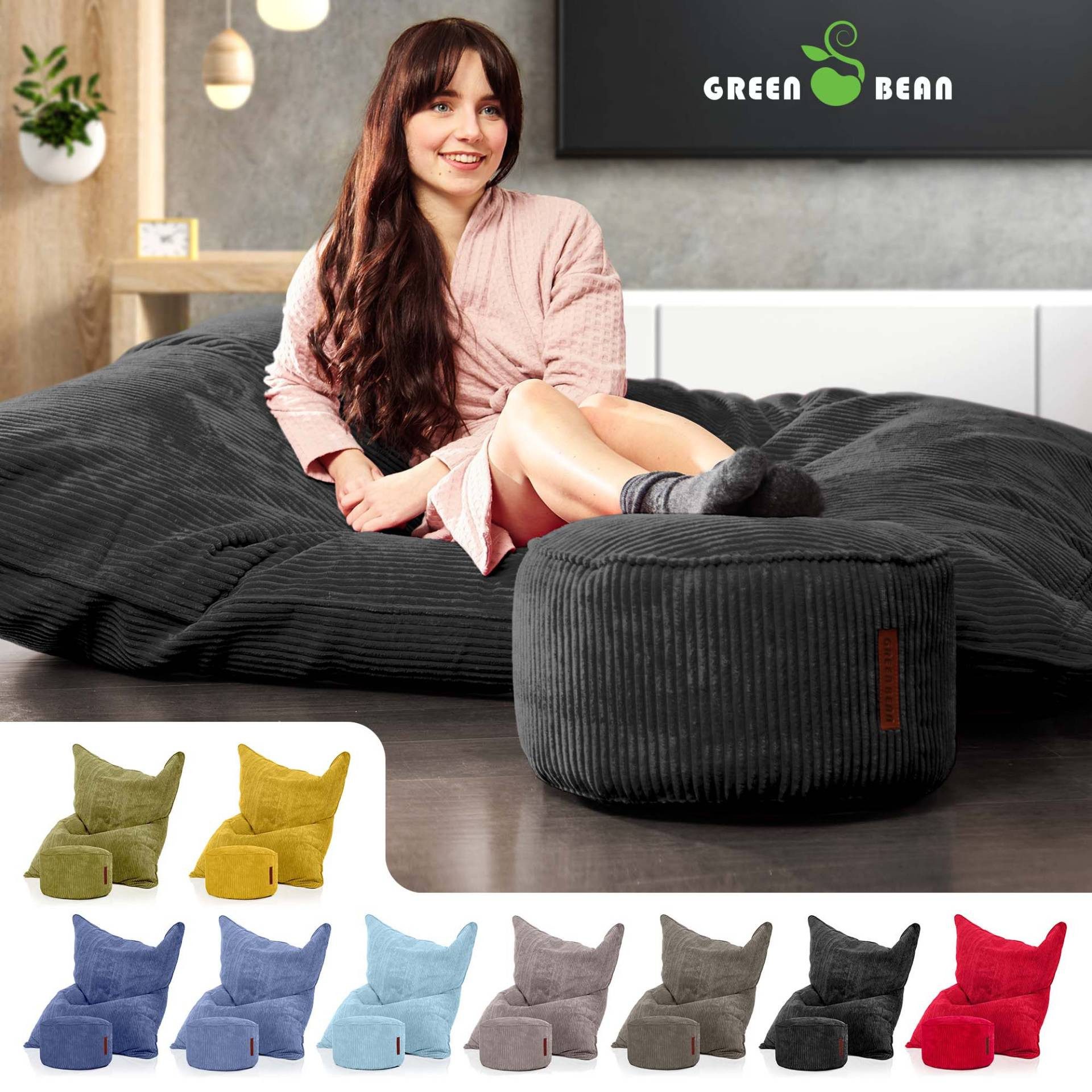 Green Bean Sitzsack XXL Sitzsack Square Cord + Hocker (Sitzsack + Hocker im Set - XXL Riesensitzsac mit passendem Fußhocker), Bean Bag Bodenkissen Liegekissen Sitzkissen Indoor Drinnen Waschbar