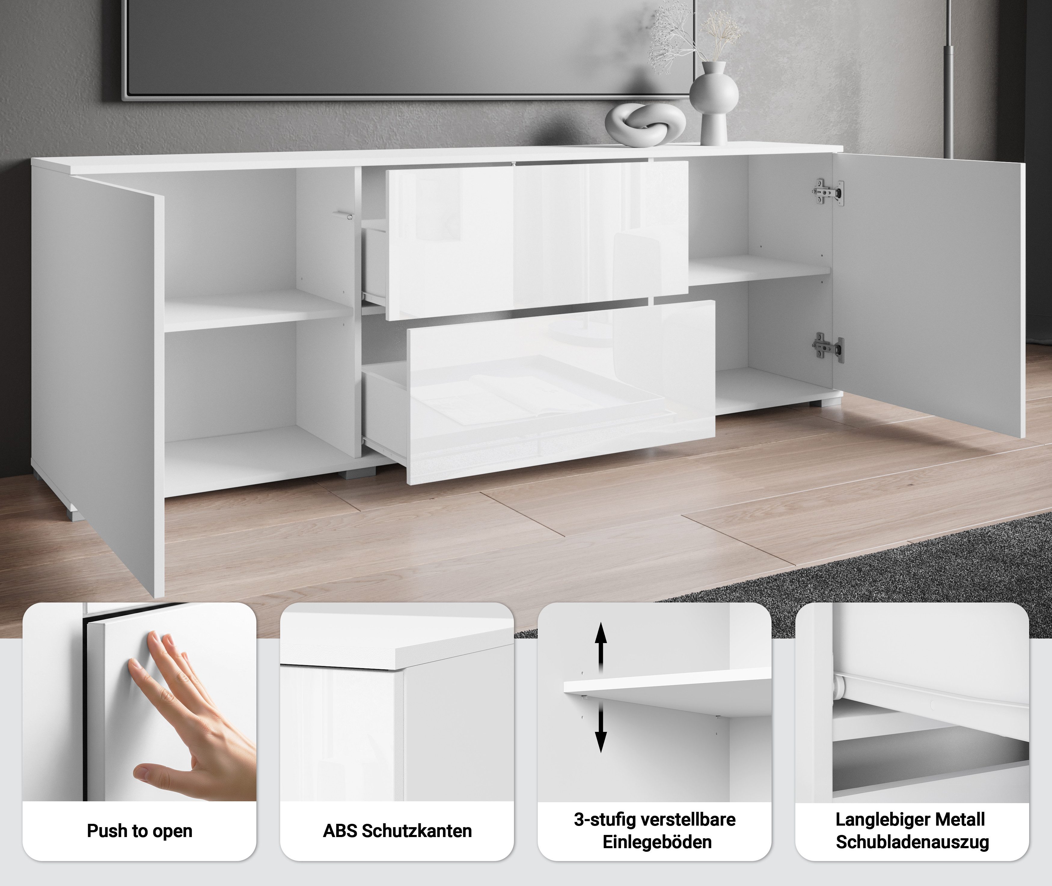 OTTO home Lowboard Kenia (1 St), 2 Türen, 2 Schubladen, Breite 180 cm, höhenverstellbare Einlegeböden