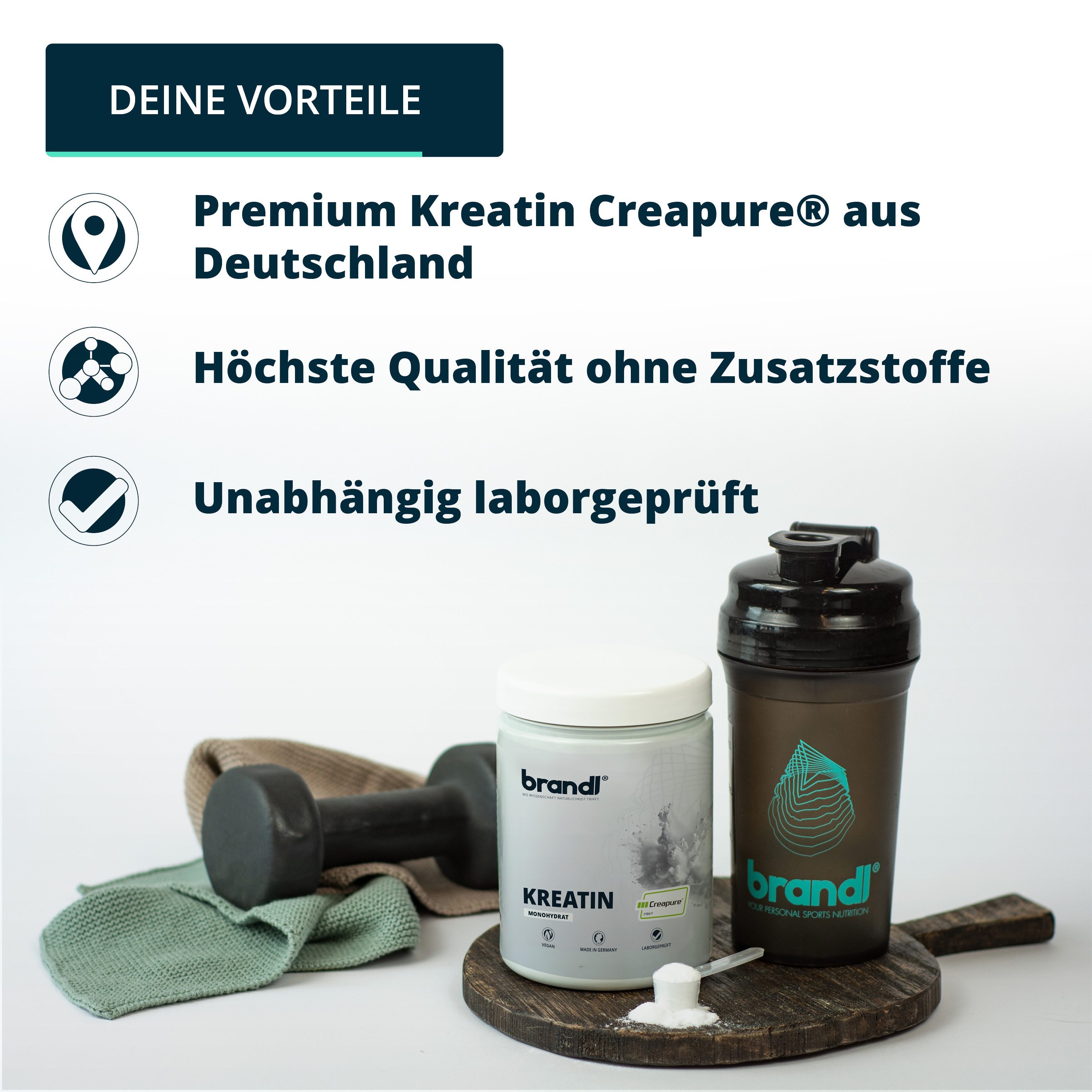 Brandl Nutrition Kreatin Pulver Monohydrat CREAPURE Creatin, 100% made in Germany vegan Pulver, 500 g, unabhänging laborgeprüft & ohne Zusatzstoffe, Kreatinpulver