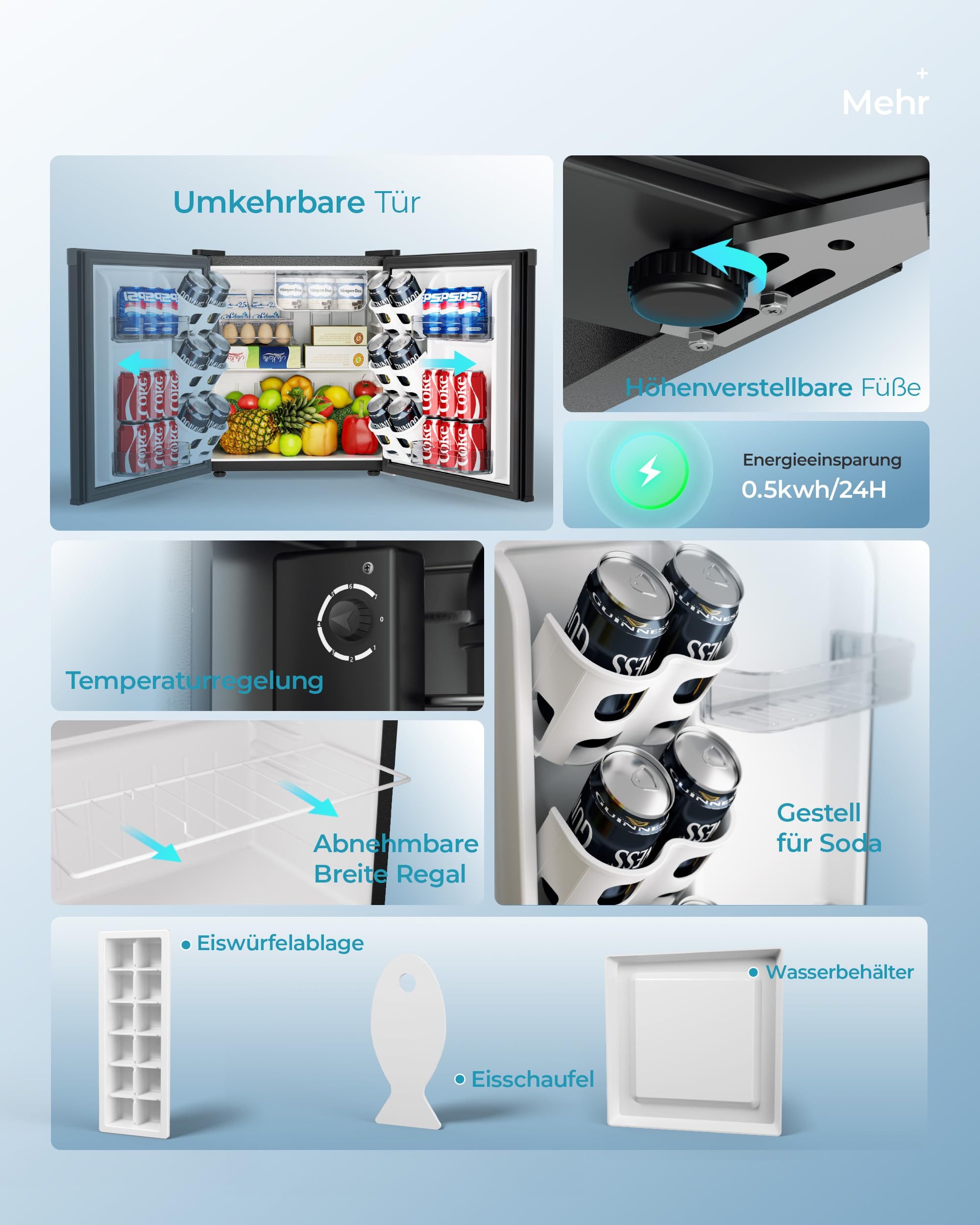 EUHOMY Kühlschrank 46L Mini-Kühlschrank mit Gefrierfach,reversibler Einzeltür Minikühlschrank, 45.8 cm hoch, 44.5 cm breit, 7-stufigem Thermostat Kühlfach, 39 dB, für Schlafzimmer/Büro