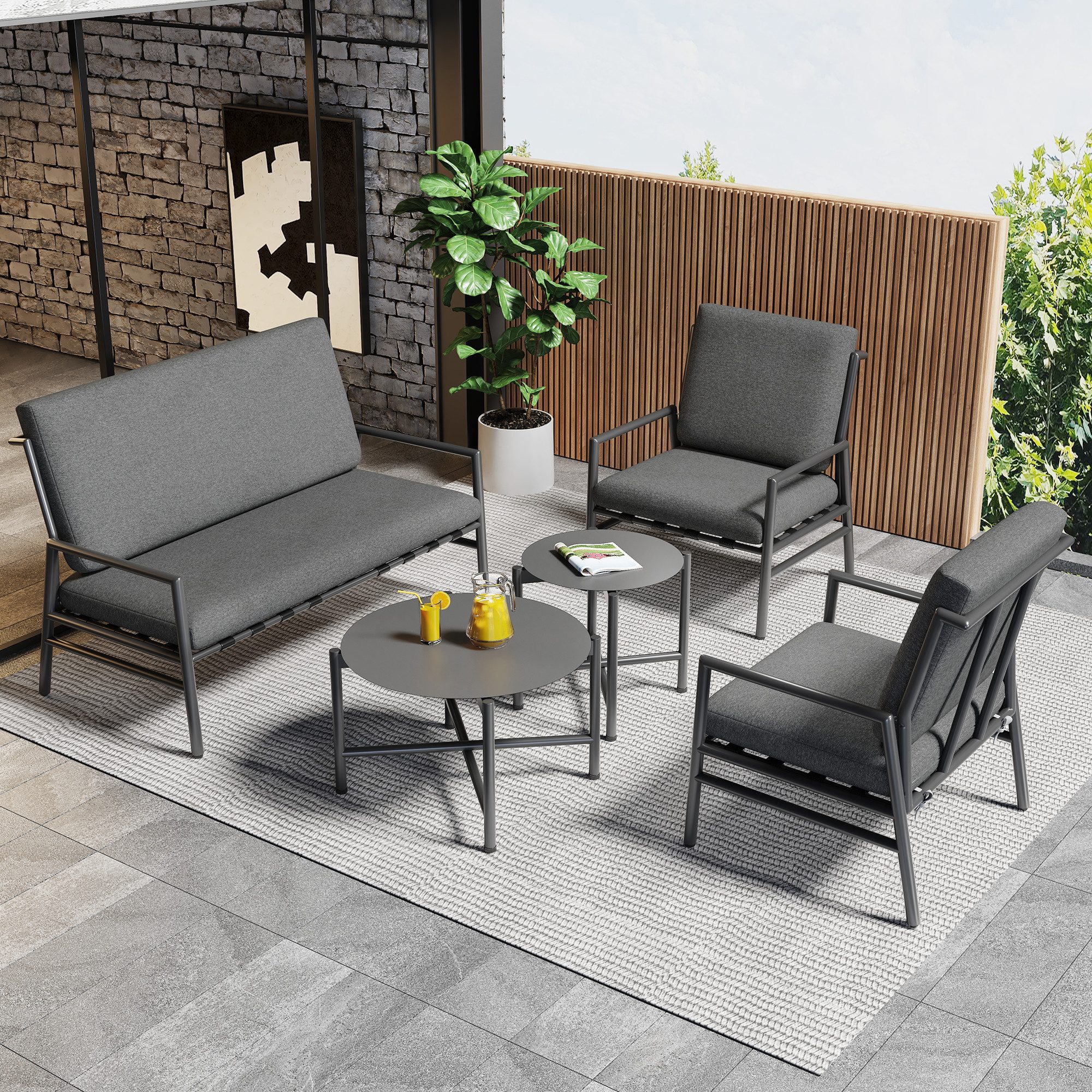 Flieks Gartenlounge-Set, 4 Sitzer Gartenmöbel Balkonset Sitzgruppe(1 Sofa + 2 Sessel + 2 Tisch)