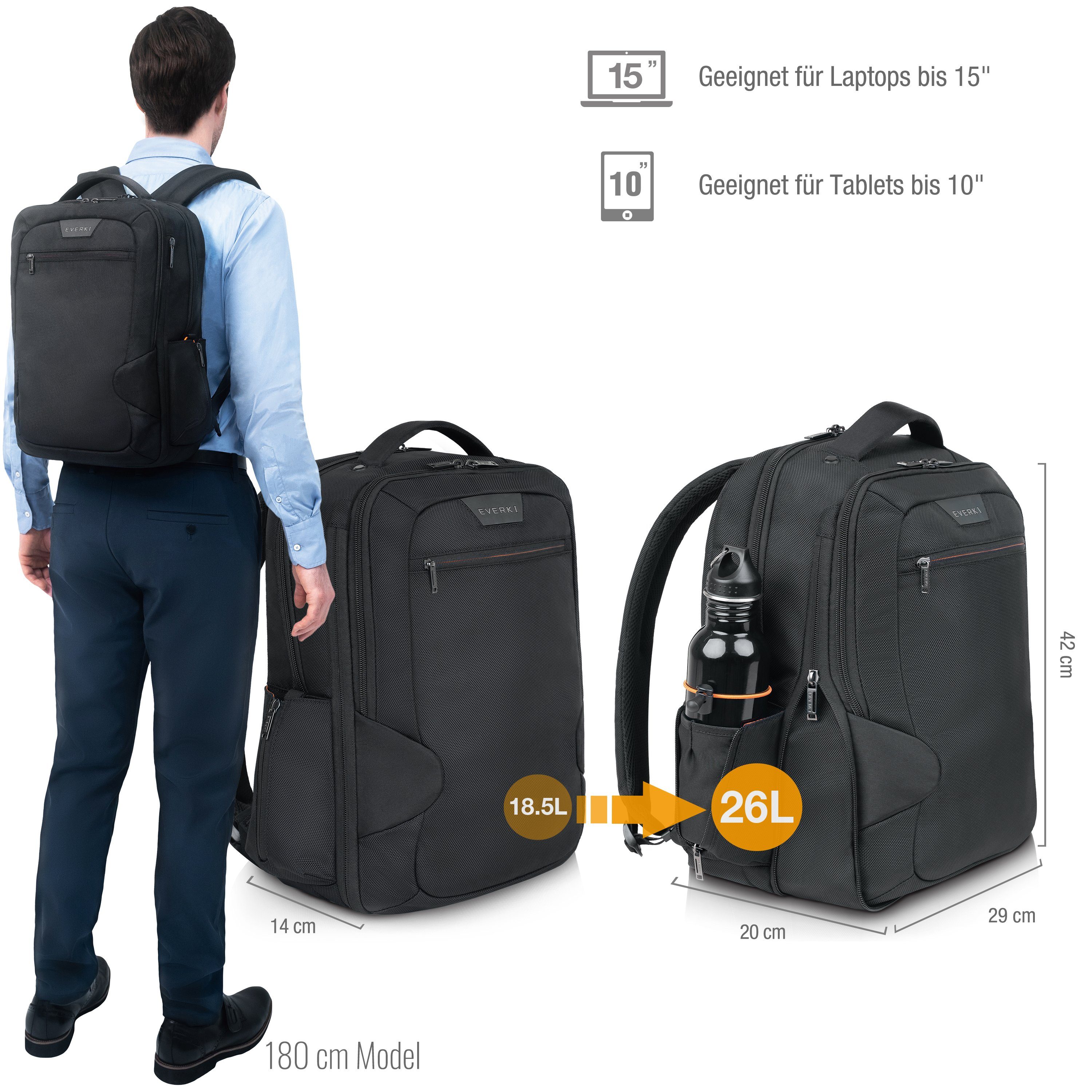 Everki Laptoprucksack Studio Notebook Rucksack (15 Zoll Laptopfach, Viele Fächer, Ecken-Schutz-System), Erweiterbare Kapazität auf 26l / Recycelte Materialien / Schwarz