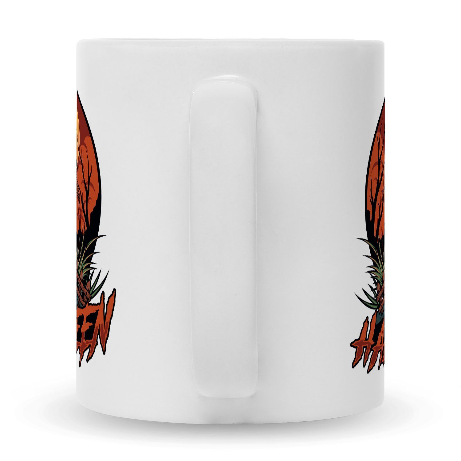 GRAVURZEILE Tasse Design Weiß zu Geschenke mit - Schaurige Vogelscheuchen - Motiv Halloween