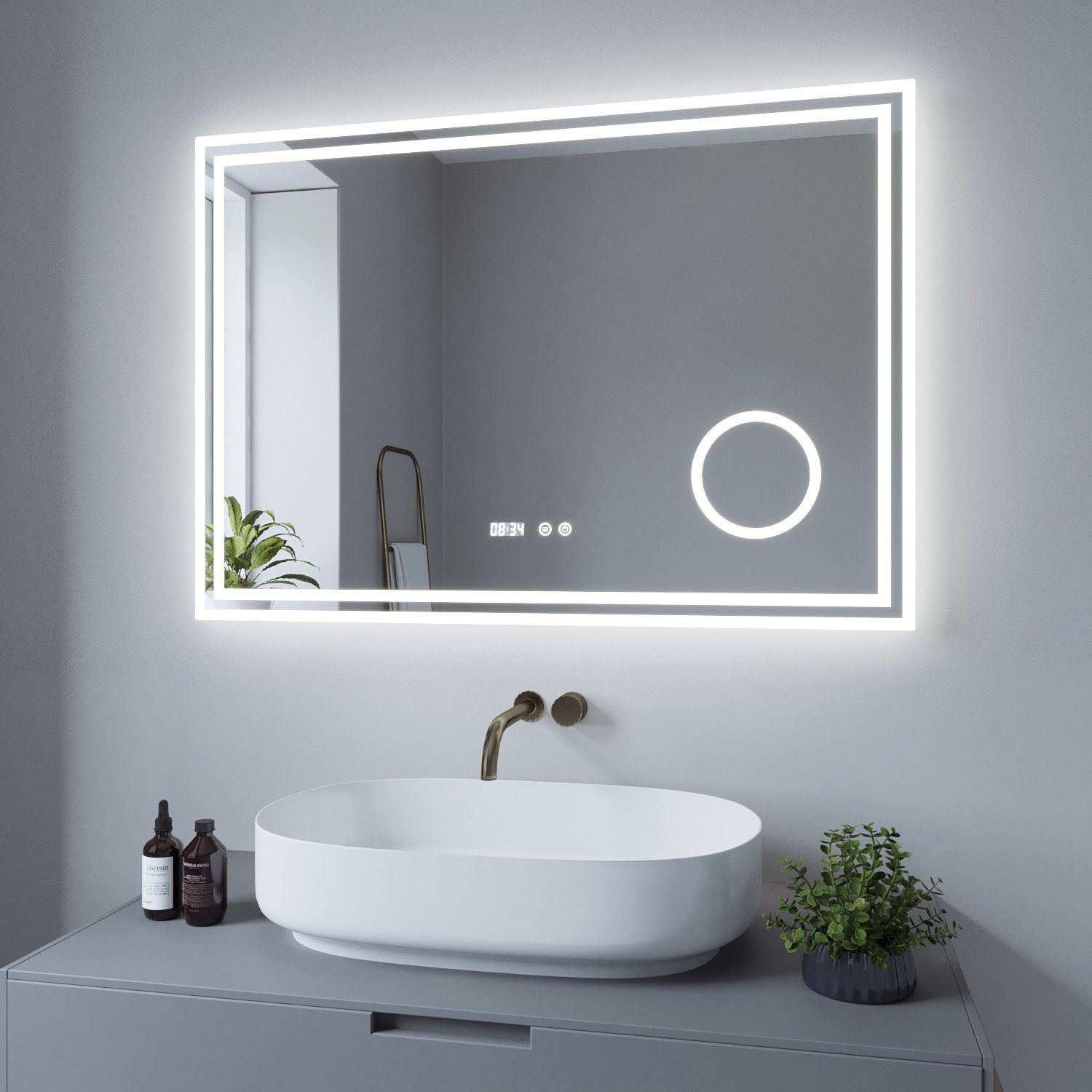 Vergrößerung, AQUALAVOS Kaltweißes Badspiegel Lichtspiegel, mit Energiesparend Touchschalter, Badspiegel Badezimmer mit Digitaluhr Led mit Licht Beleuchtung