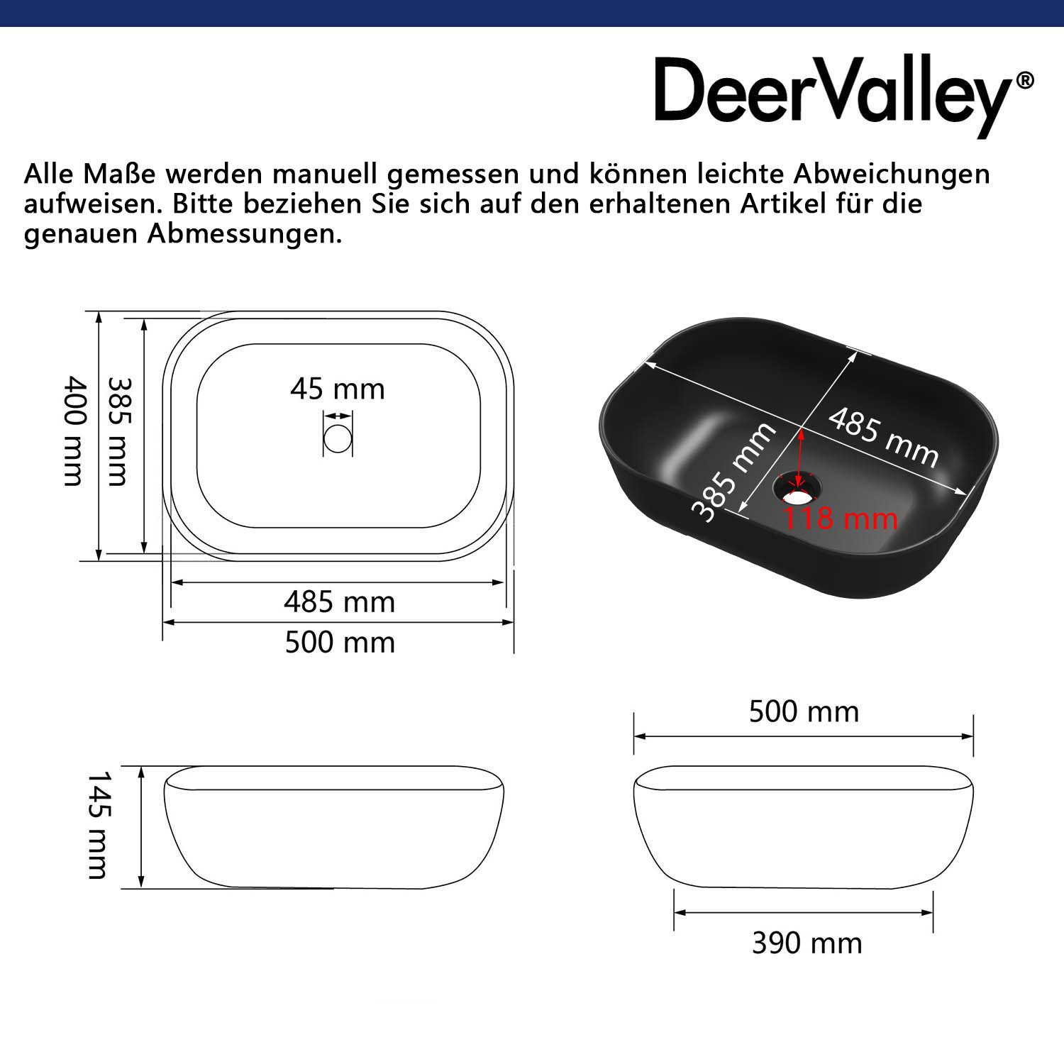 DeerValley Aufsatzwaschbecken DeerValley Oval-Aufsatzbecken, Schwarz, Hochg günstig online kaufen