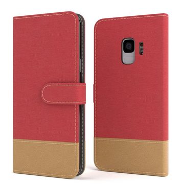 EAZY CASE Handyhülle Bookstyle Jeans für Samsung Galaxy S9 5,8 Zoll, Denim Etui Handytasche Kunstleder mit Standfunktion und wallet Rot