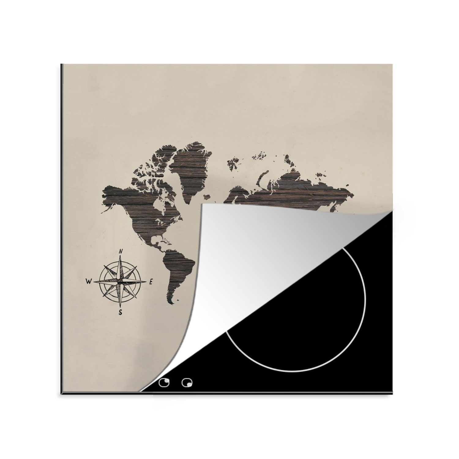 MuchoWow Herdblende-/Abdeckplatte Weltkarte - Holz - Kompass, Vinyl, (1 tlg), 78x78 cm, Ceranfeldabdeckung, Arbeitsplatte für küche