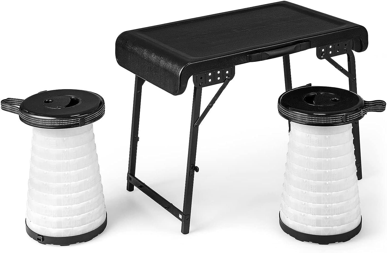 KOMFOTTEU Campingtisch mit 2 ausziehbaren LED-Hockern (Set, 3-St), für Picknick, Campen