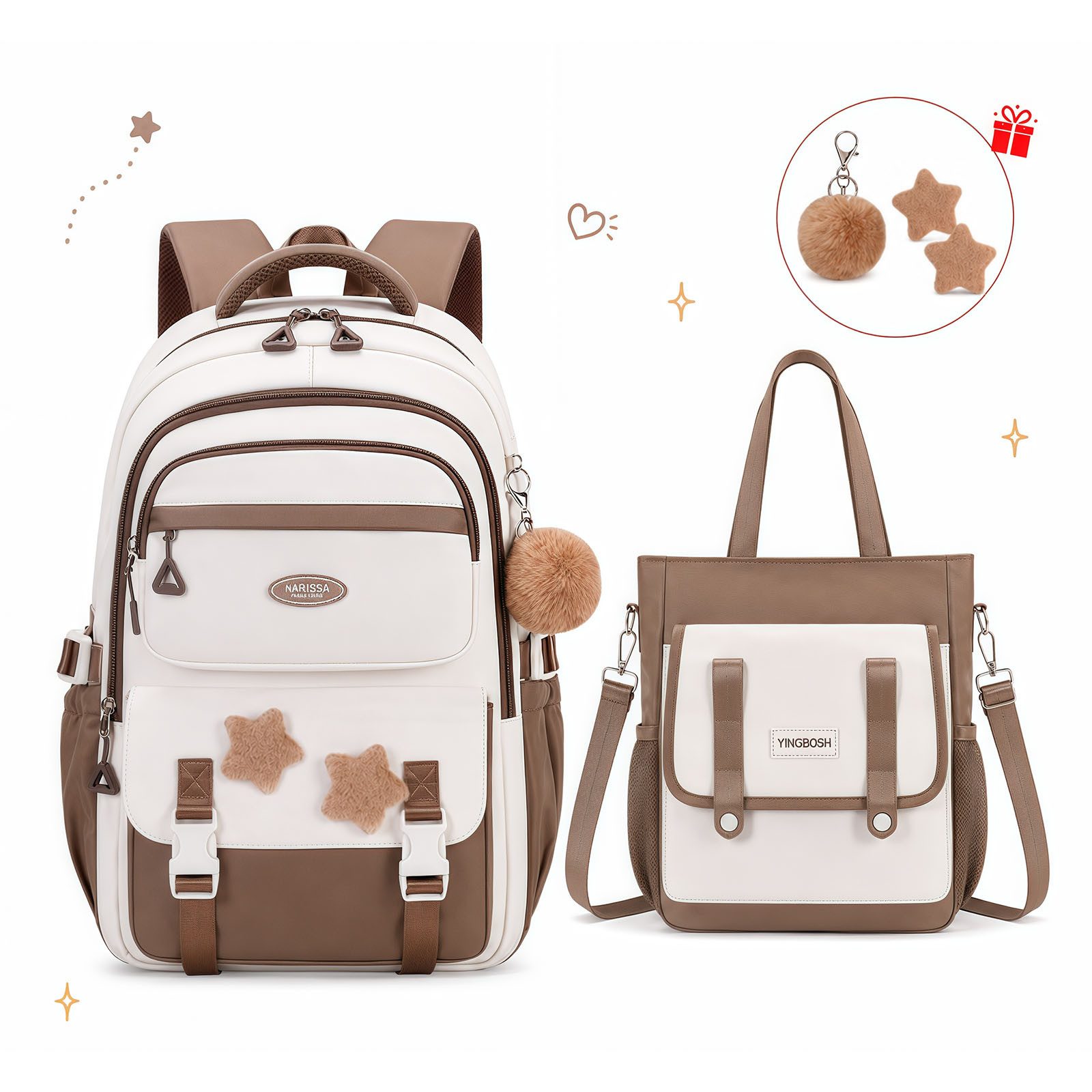 MOPUEA Schulrucksack Schulrucksack Mädchen, Großes Fassungsvermögen (Mit Trolleyband, Pom-Pom-Anhänger und Sternenabzeichen, Bequem, 2-tlg., Lässiger Rucksack für Teenager, Ideal für Schule, Schulstart), 2-teiliges Set mit Schulrucksack & Nachhilfebeutel