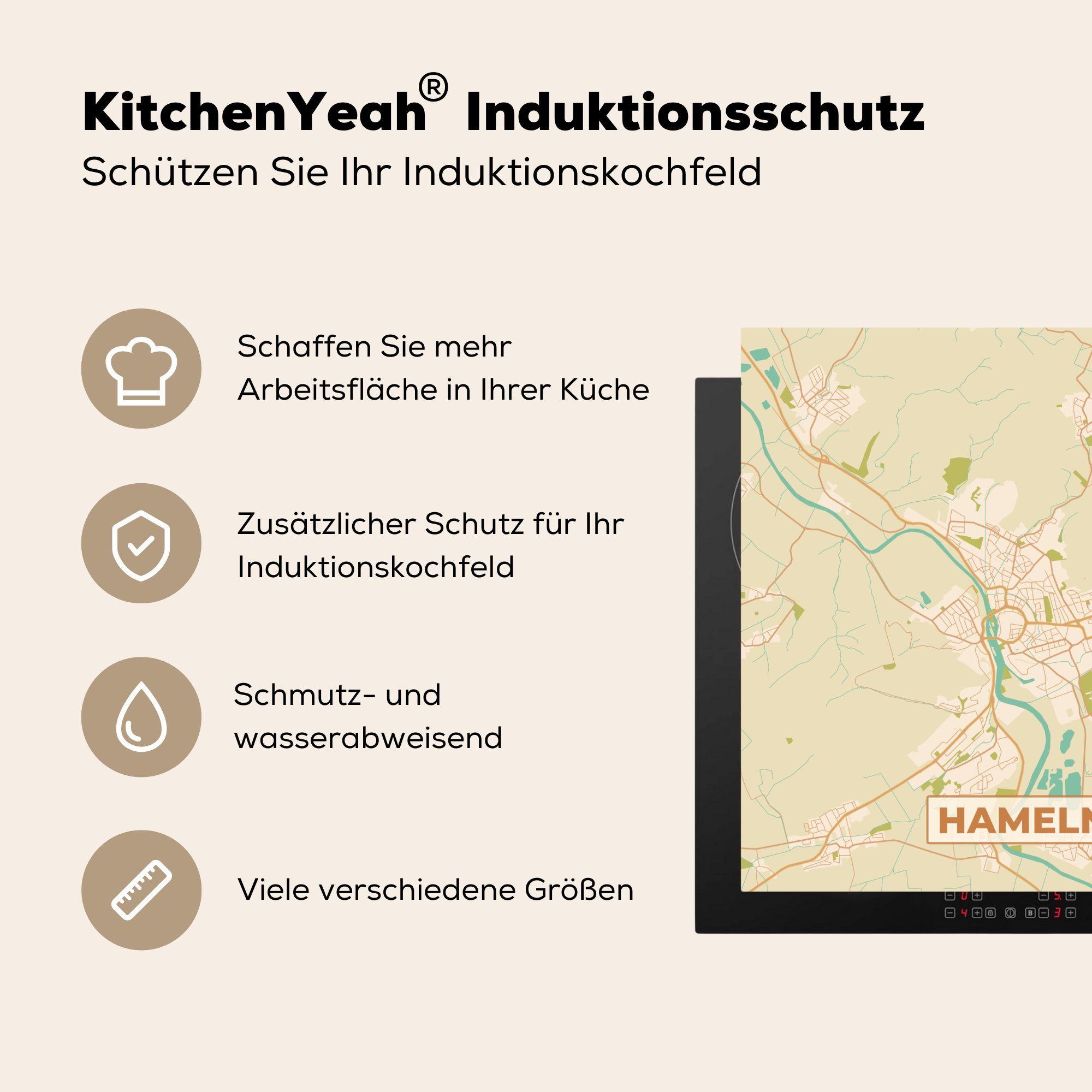 Herdblende-/Abdeckplatte cm, Stadtplan, Hameln 78x78 - tlg), Arbeitsplatte (1 - Karte Vintage Ceranfeldabdeckung, Vinyl, - MuchoWow für küche