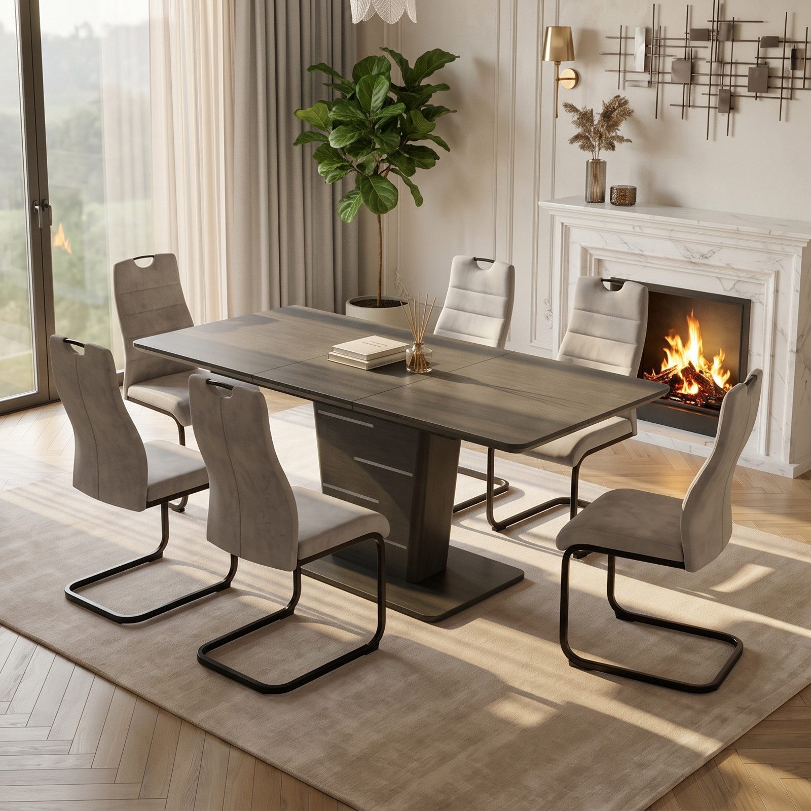 Jiexi Essgruppe Essgruppe Ausziehbar 120-160cm Säulentisch & Freischwinger Stühle – Bild 2 von 5