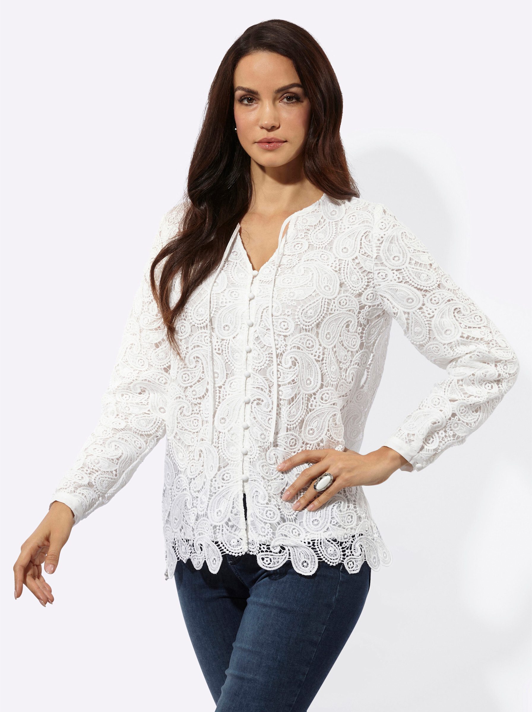 creation L Klassische Bluse Spitzen-Bluse Langarm