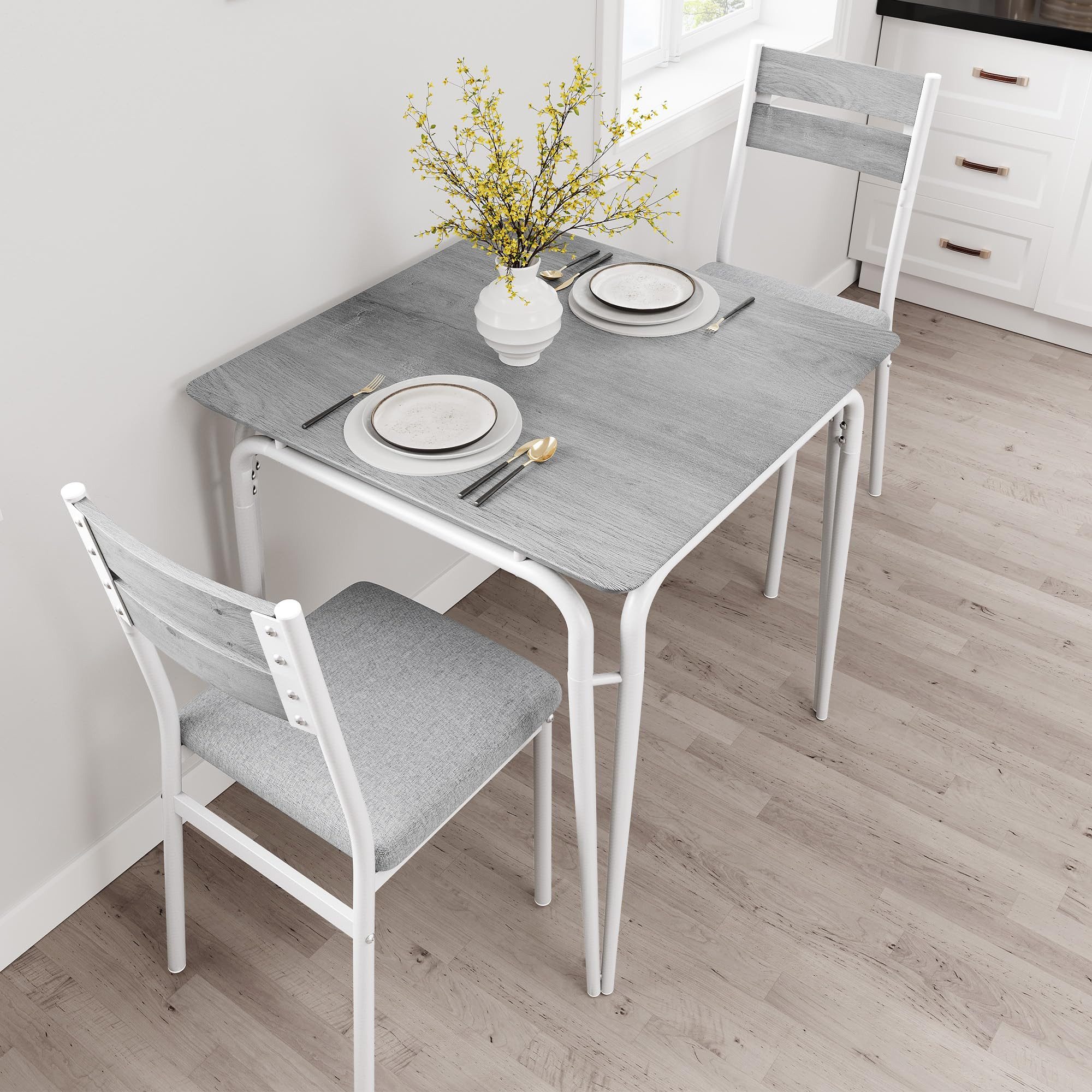 GarveeMore Essgruppe Moderner Quadratischer Esstisch und Polsterstühle für 2 Personen, (1 Tisch, 2 Stuhle), Küchentisch 74 x 74 x 76 cm, Stühle 39 x 43 x 86 cm(BxTxH)