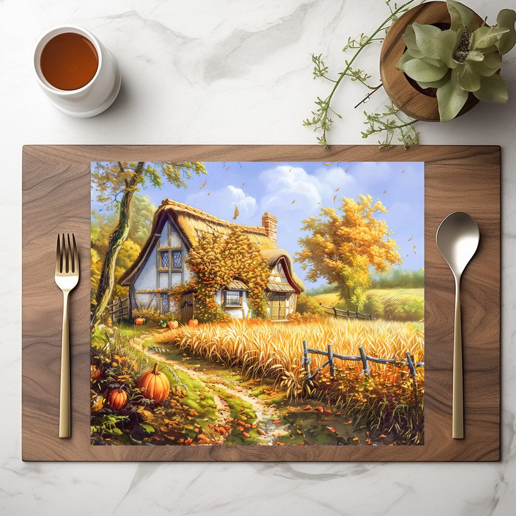 raxxa Platzset raxxa Premium-Platzset"Autumn Cottage by Wheat Field and Pumpkins", (Set, 2-St., Platzdecken)